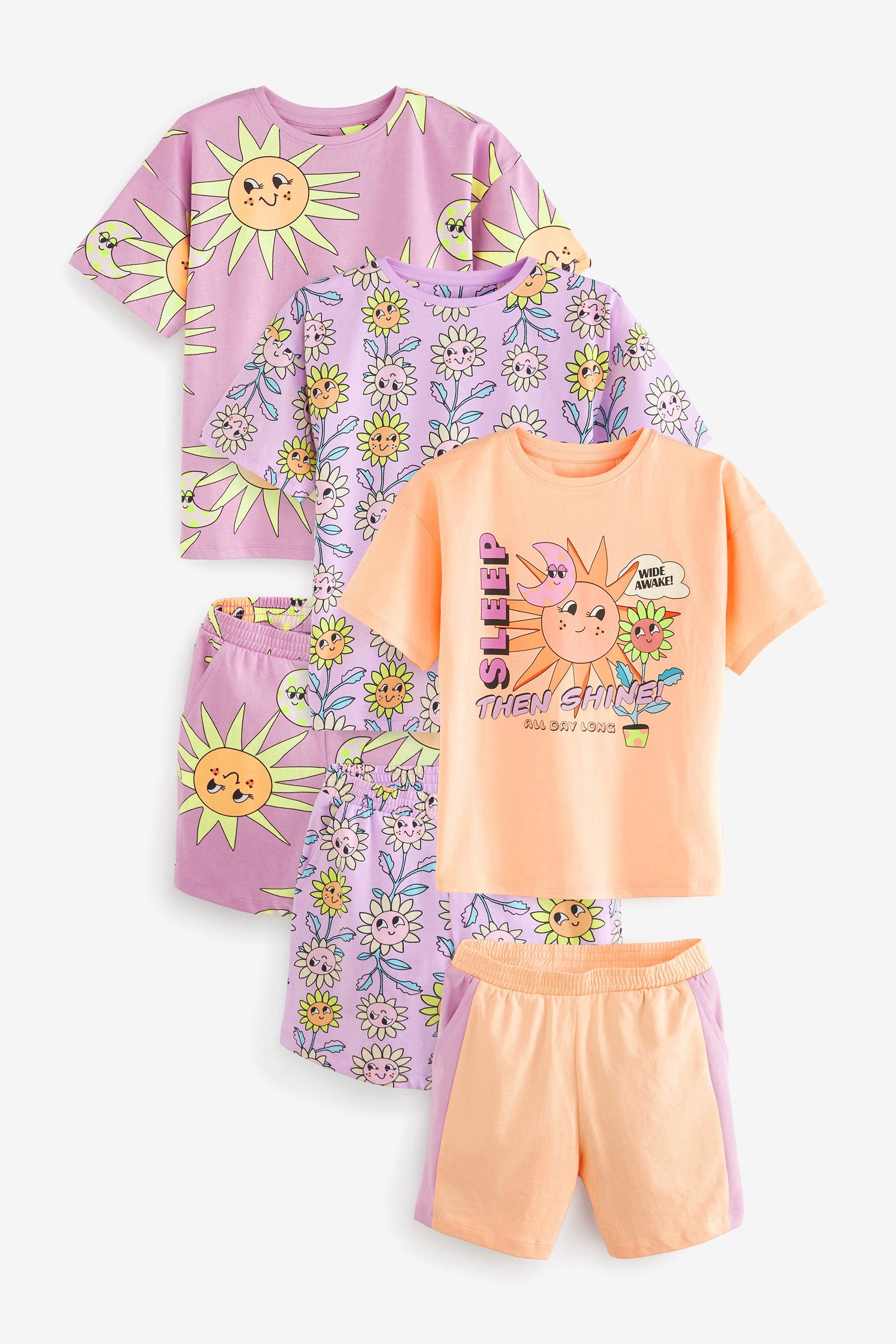 Lilac Purple Sunflower 3 Pack Longline Short Pyjamas (3-16yrs)