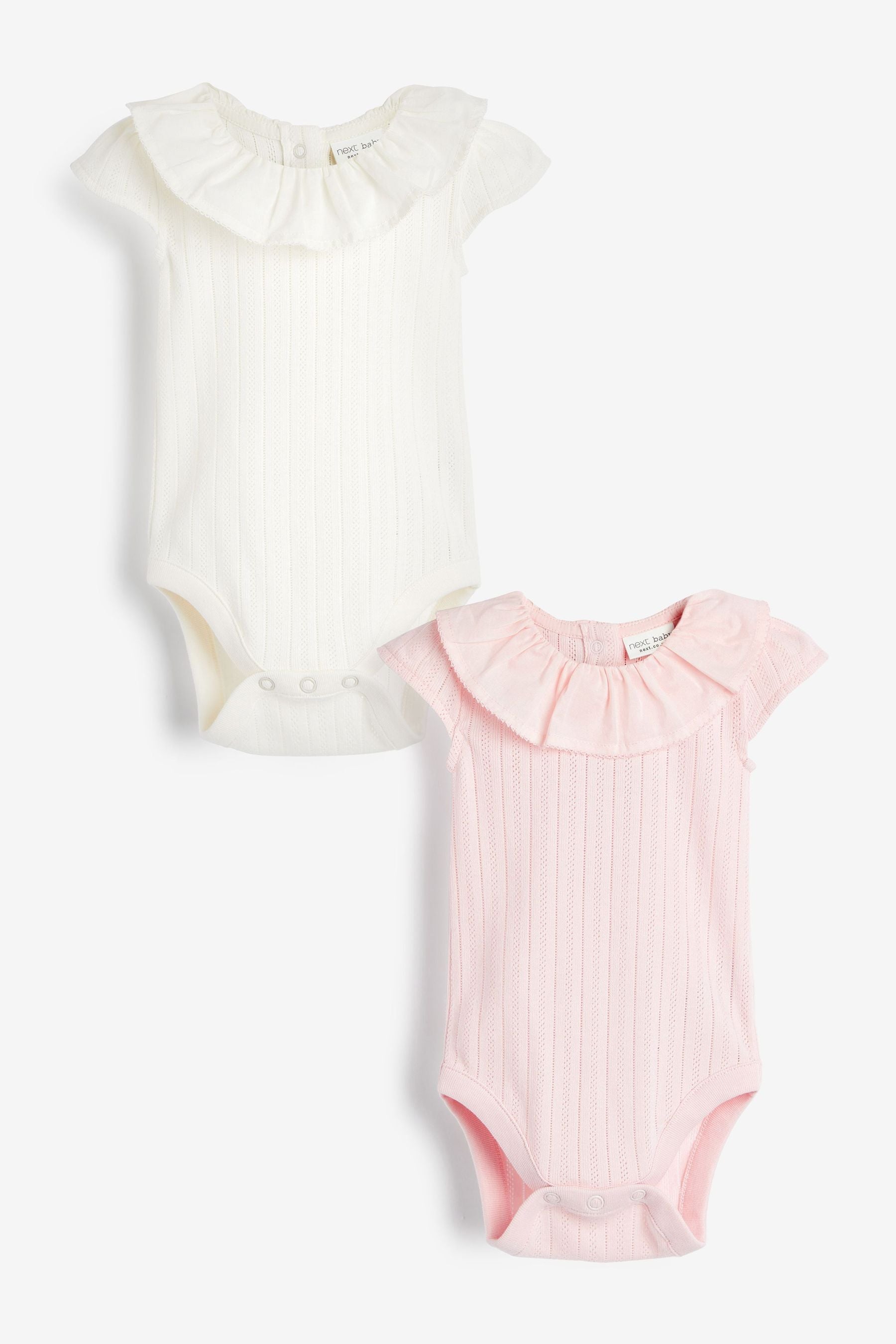 White / Pink 2 Pack Frill Collar Short Sleeved Bodysuits