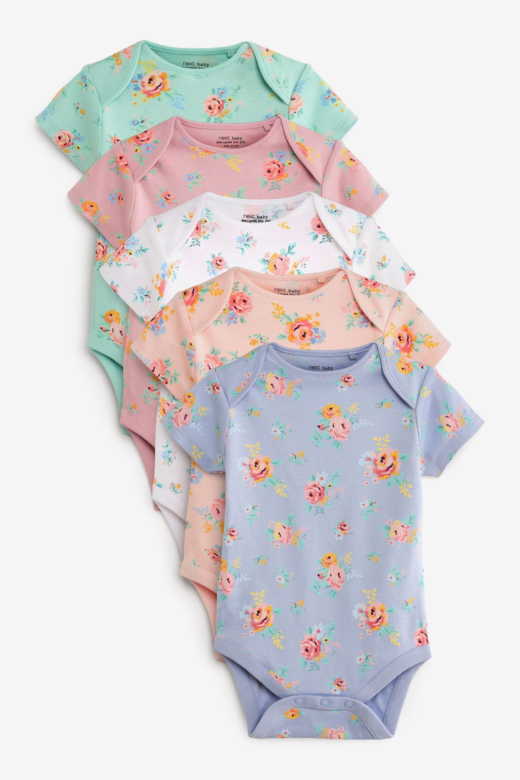 Pastel Flowers 5 Pack Short Sleeve Baby Bodysuits