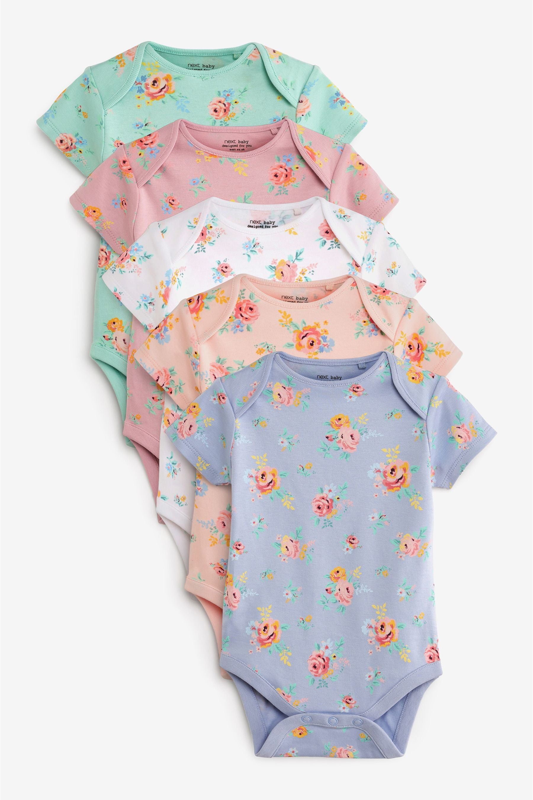 Pastel Flowers 5 Pack Short Sleeve Baby Bodysuits