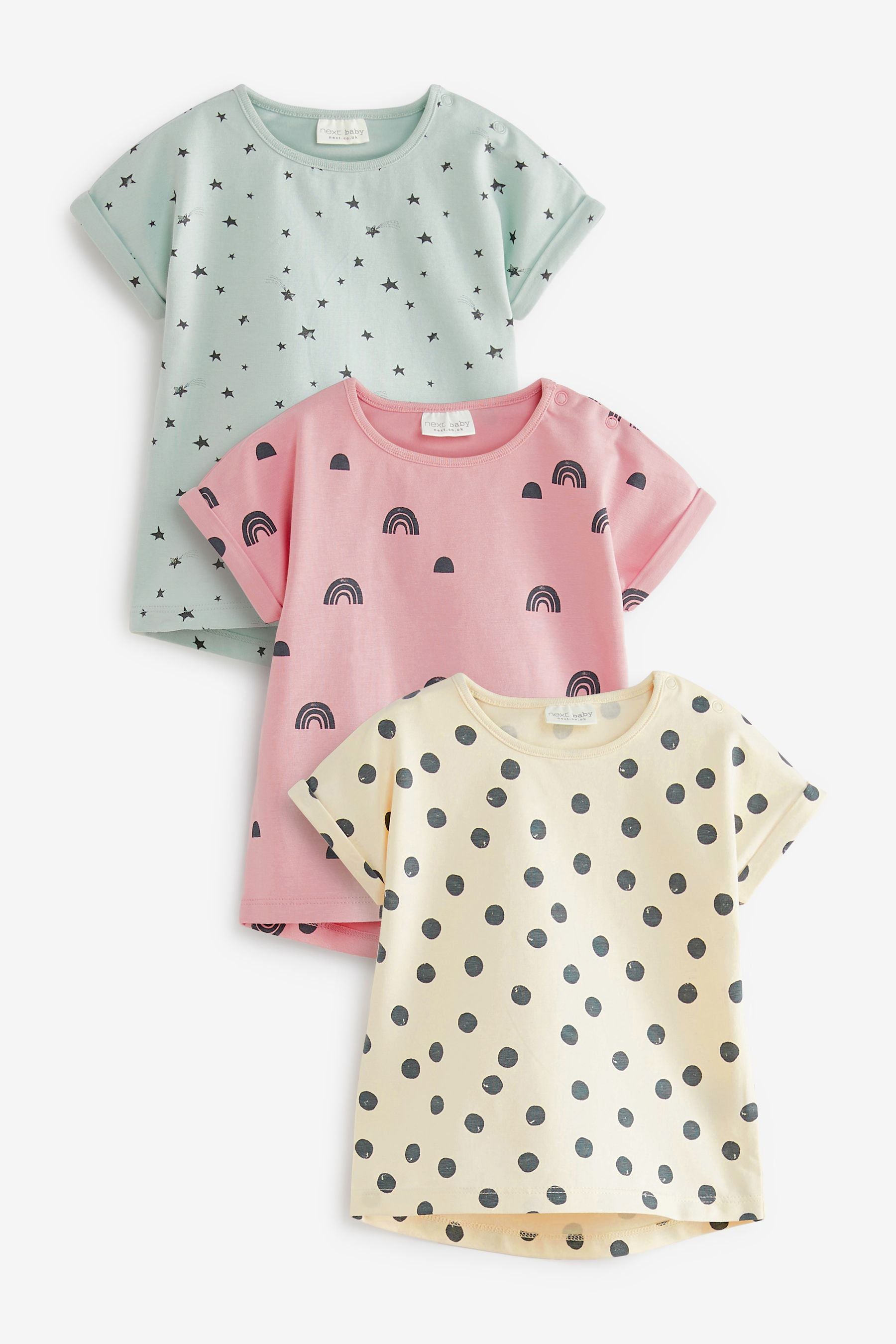 Mint Green, Pink and Cream Baby 3 Pack Printed Short Sleeve T-Shirts