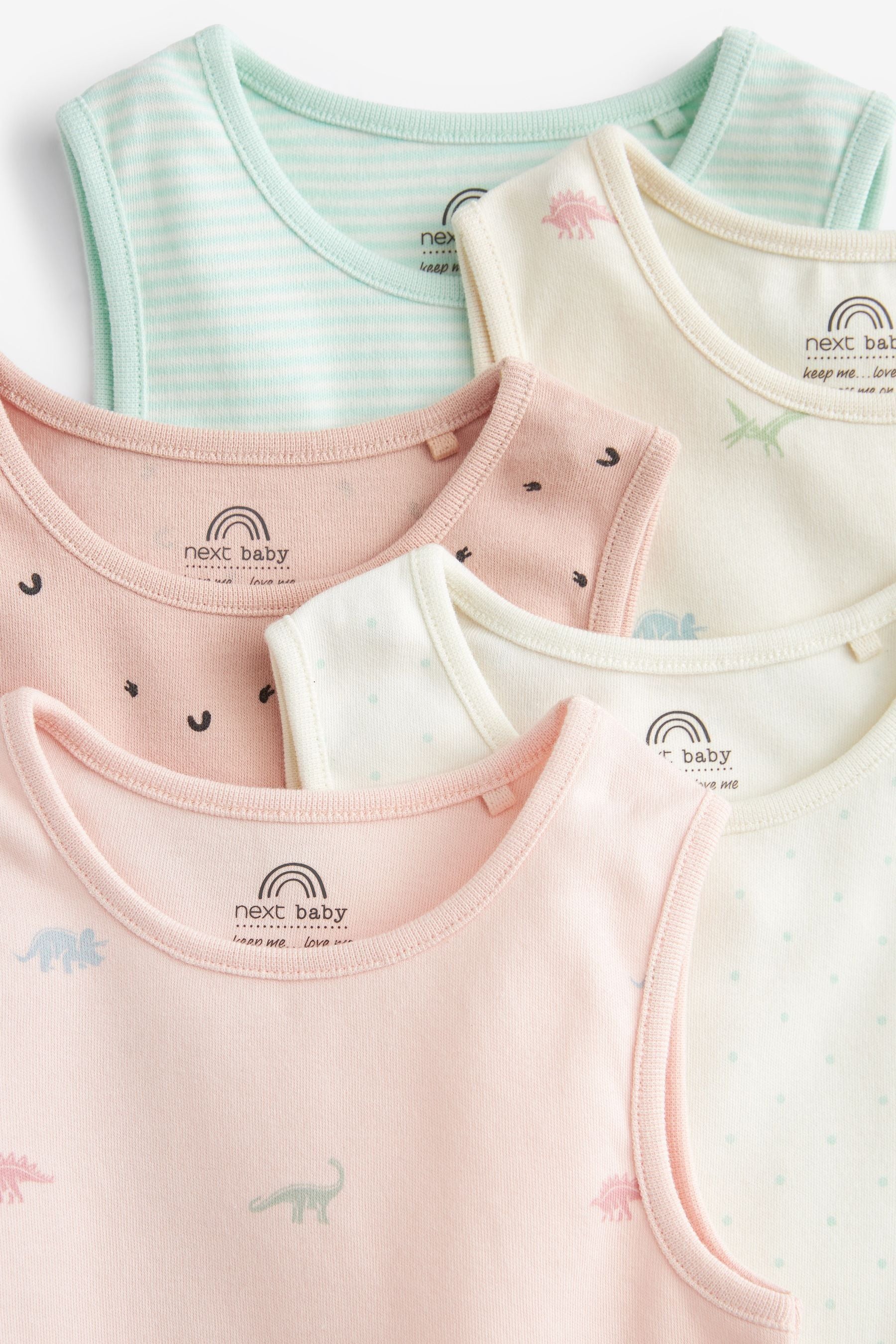 Pastel Mint Green/Yellow Dinosaur Baby 5 Pack Vest Bodysuits (0mths-3yrs)