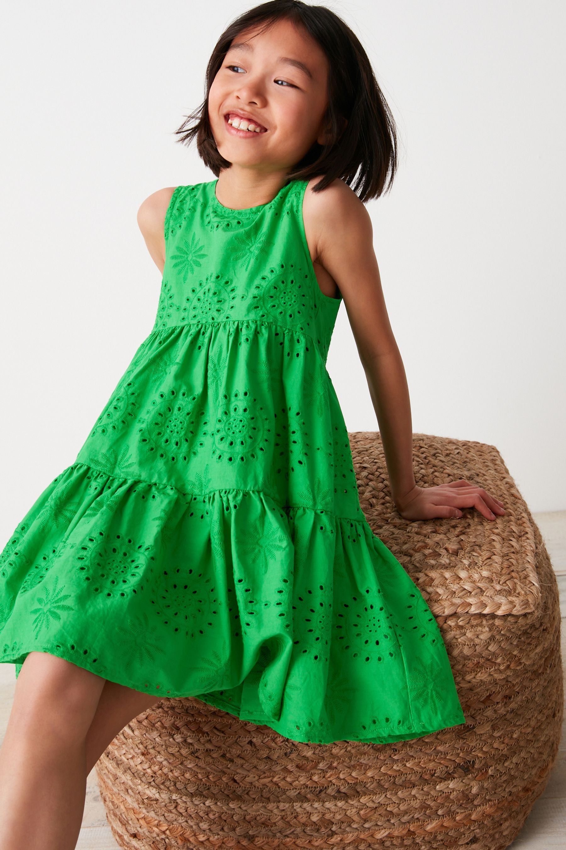 Green Tiered Broderie Dress (3-16yrs)