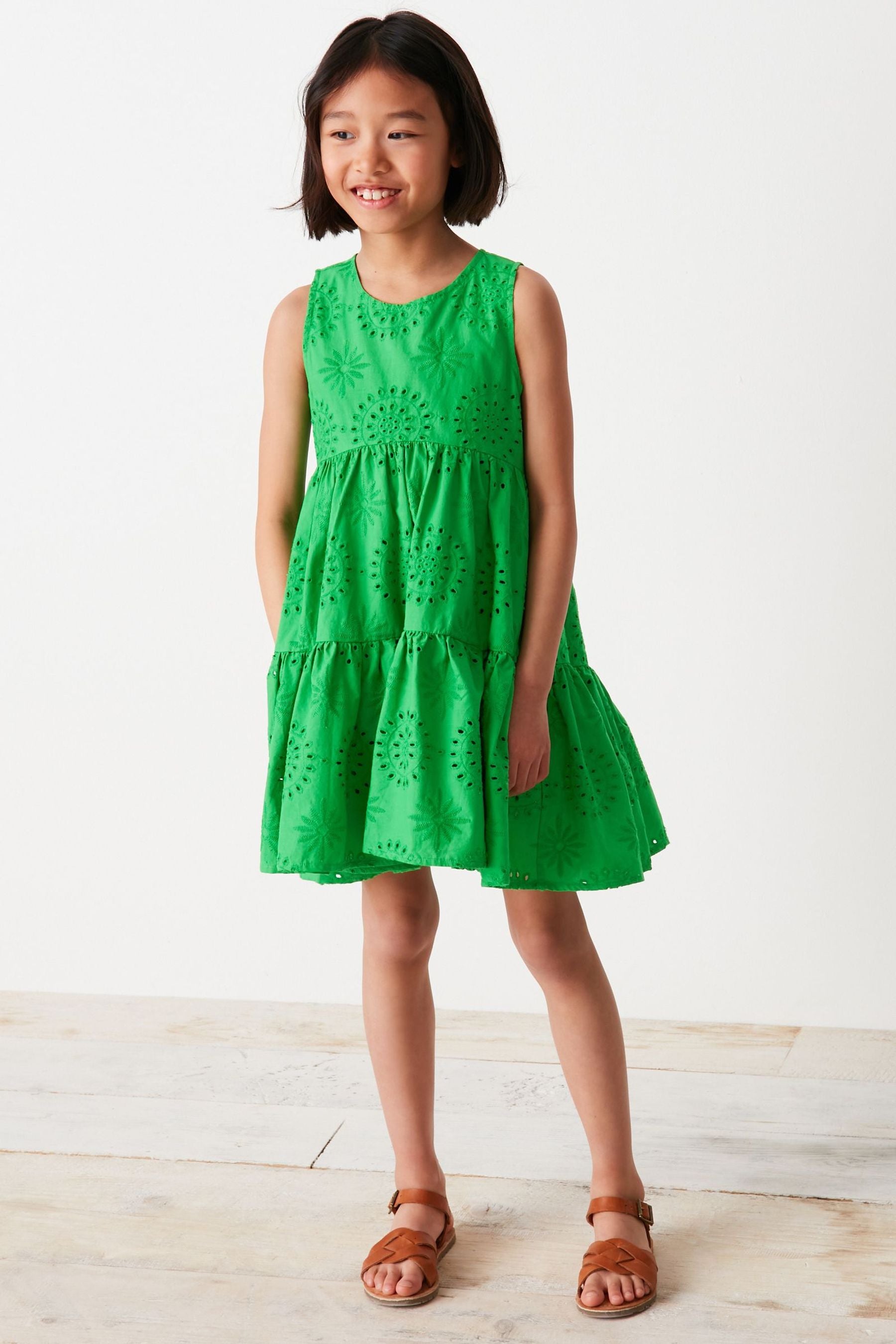 Green Tiered Broderie Dress (3-16yrs)