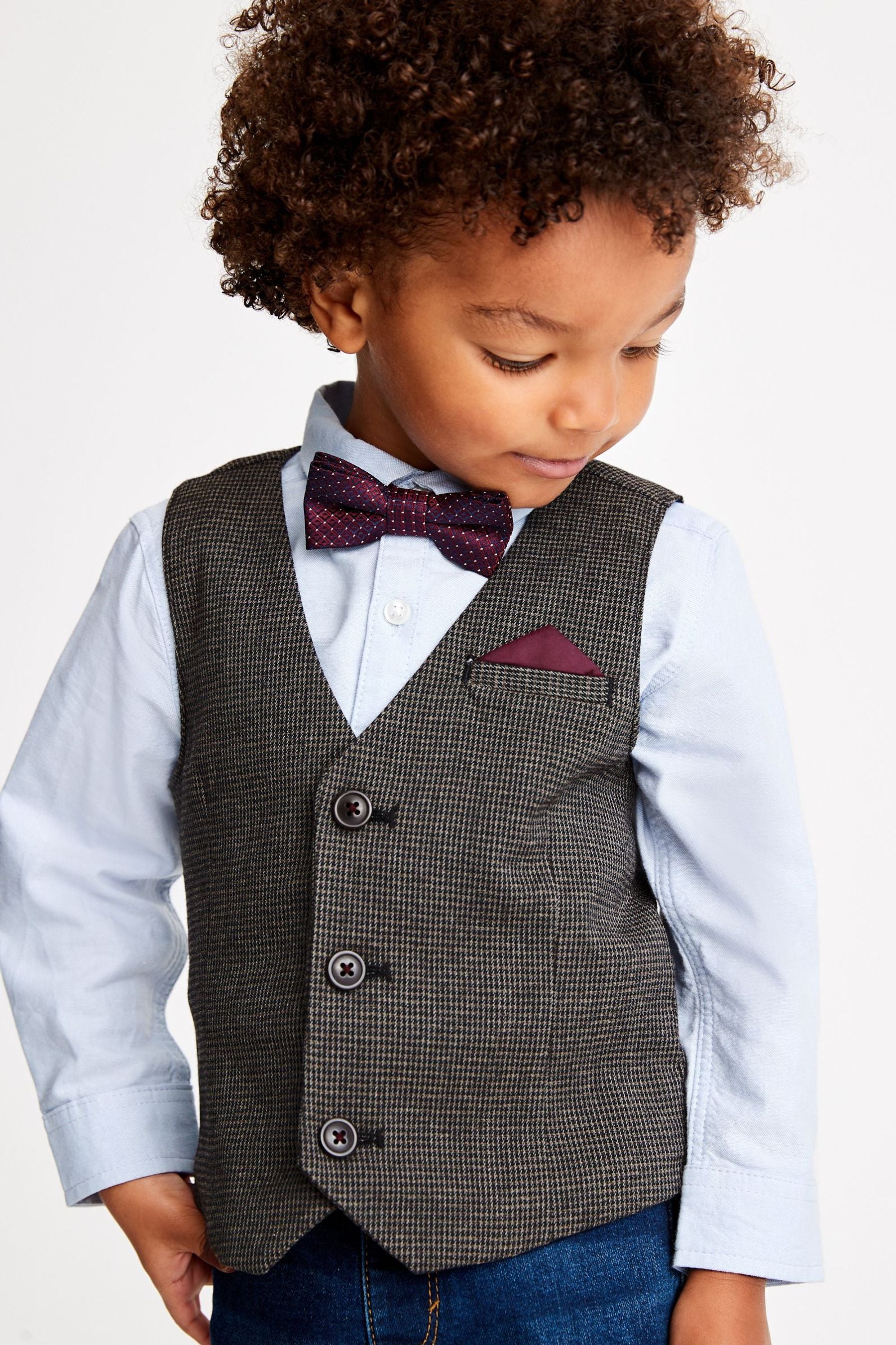 Tan Brown Heritage Check Waistcoat, Shirt And Bowtie Set (3mths-9yrs)