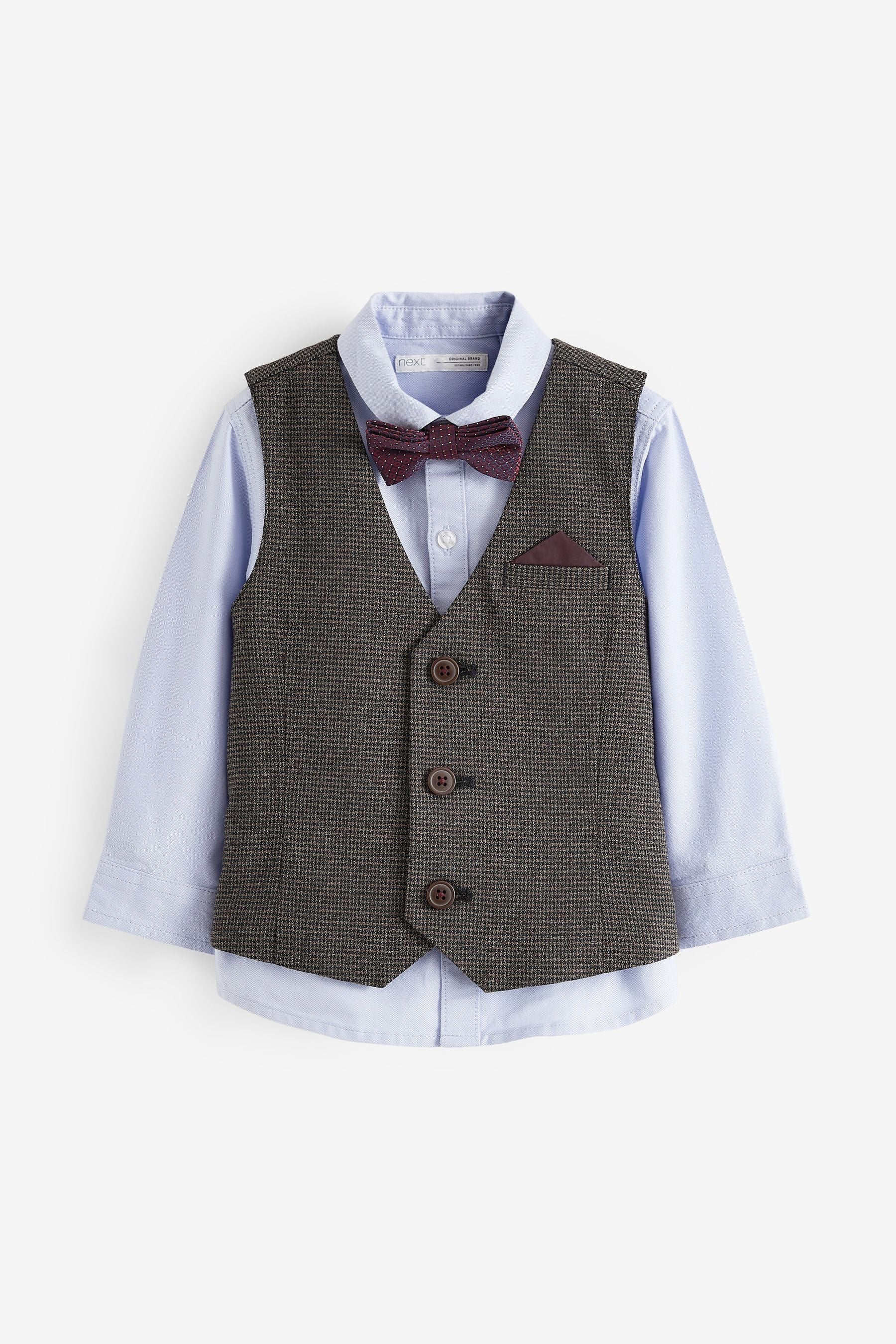 Tan Brown Heritage Check Waistcoat, Shirt And Bowtie Set (3mths-9yrs)