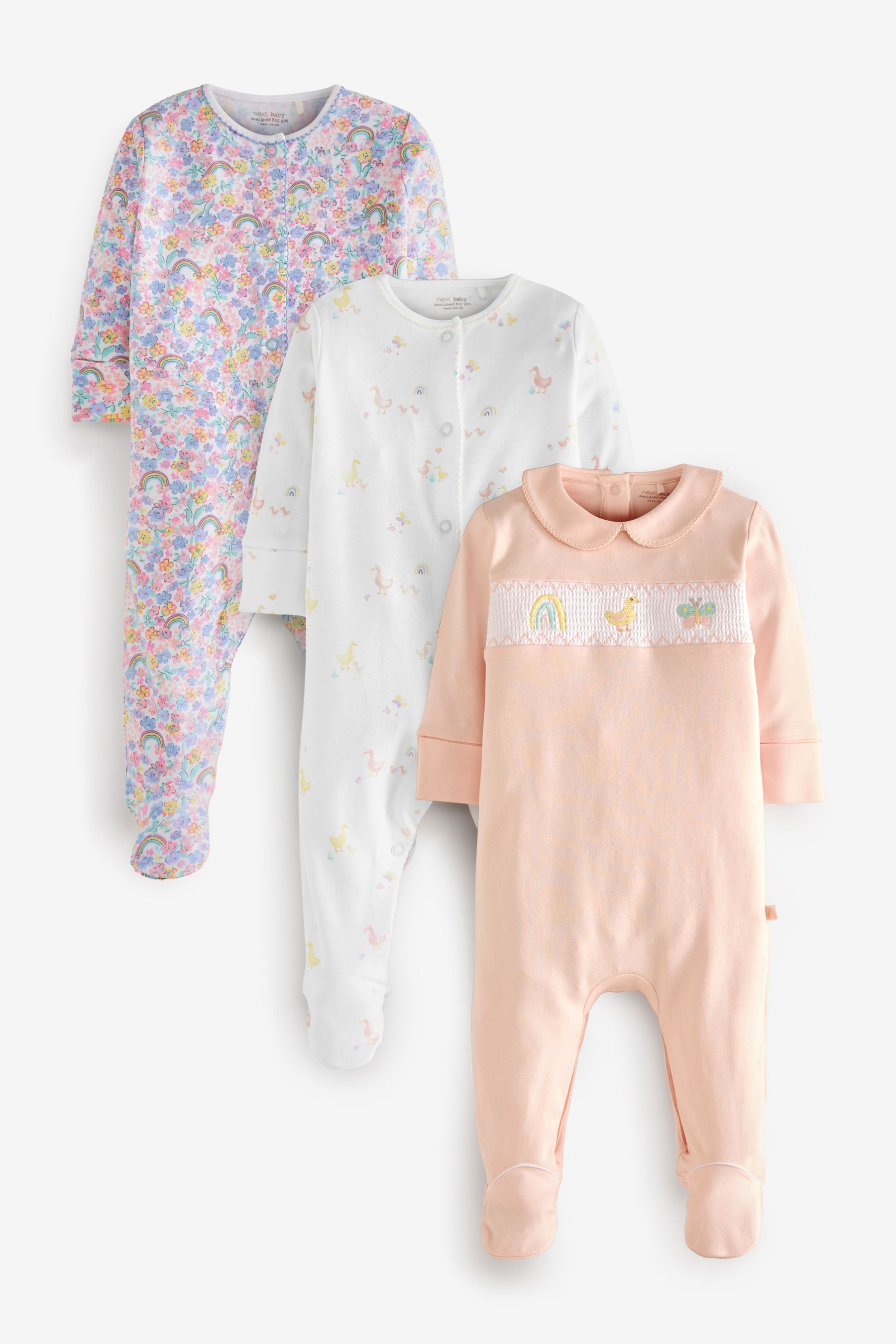 Pink Smart Character 3 Pack Embroidered Detail Baby Sleepsuits (0-2yrs)