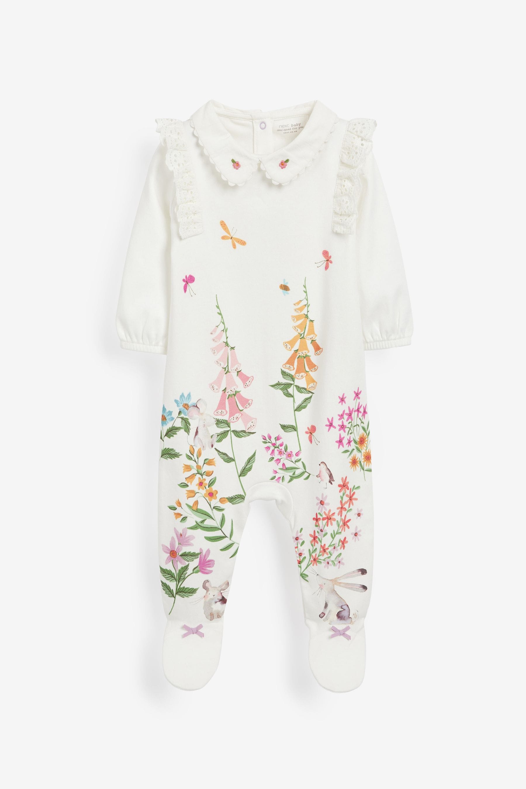 White Floral Baby Single Sleepsuit (0mths-2yrs)