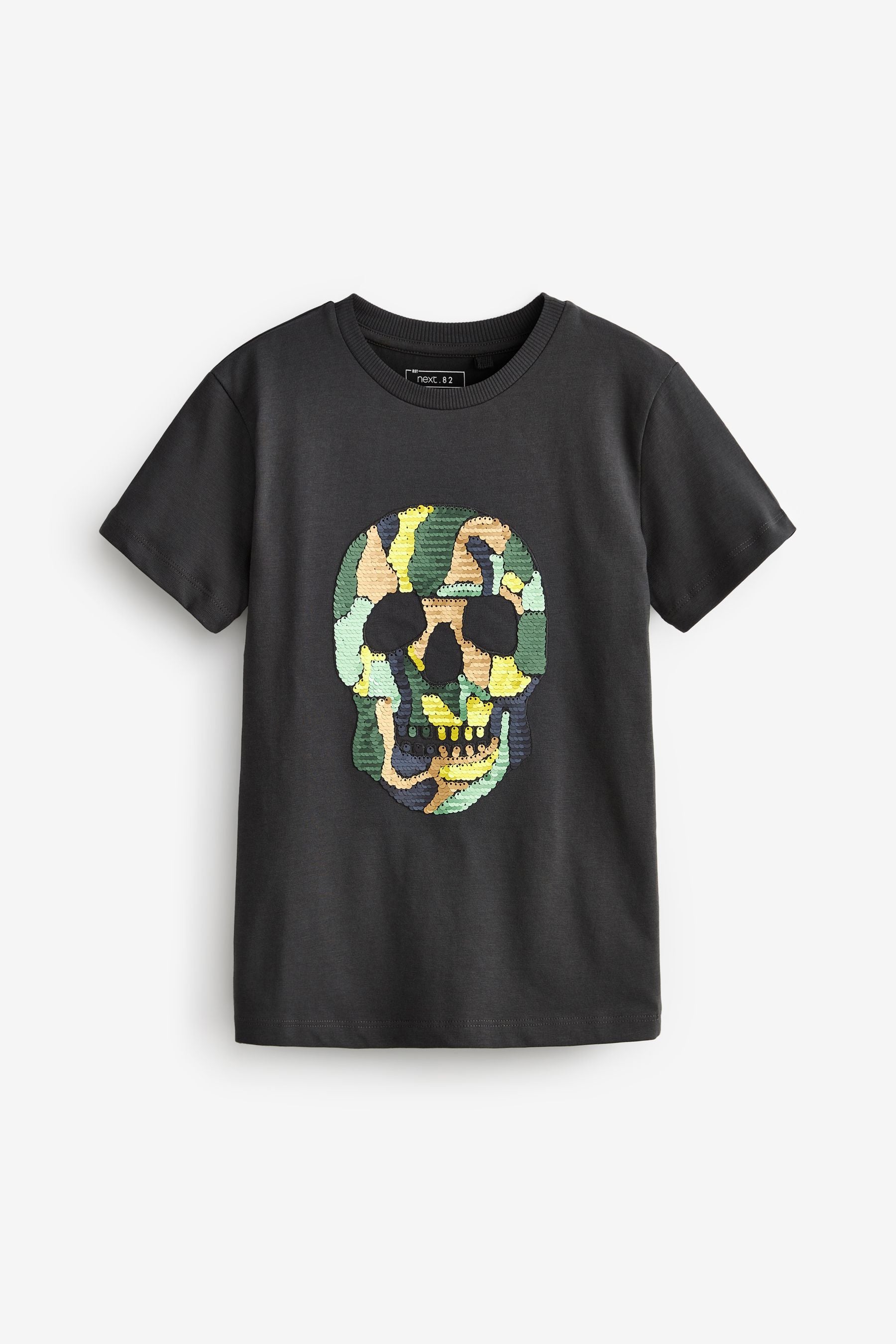 Grey Camo Skull Flippy Sequin Short Sleeve T-Shirt (3-16yrs)