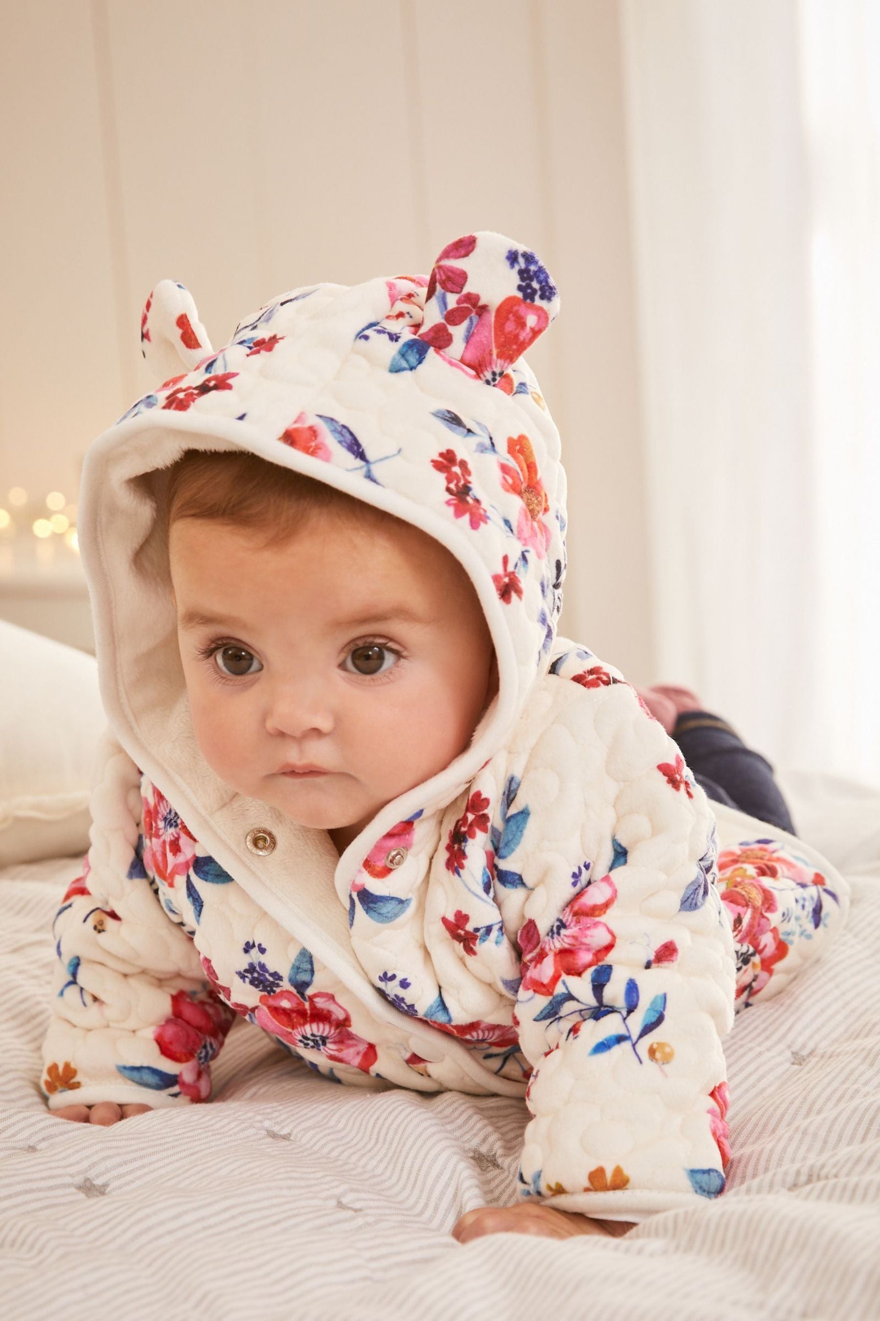 Ecru Cream/Pink Quilted Velour Hooded Baby Jacket (0mths-2yrs)