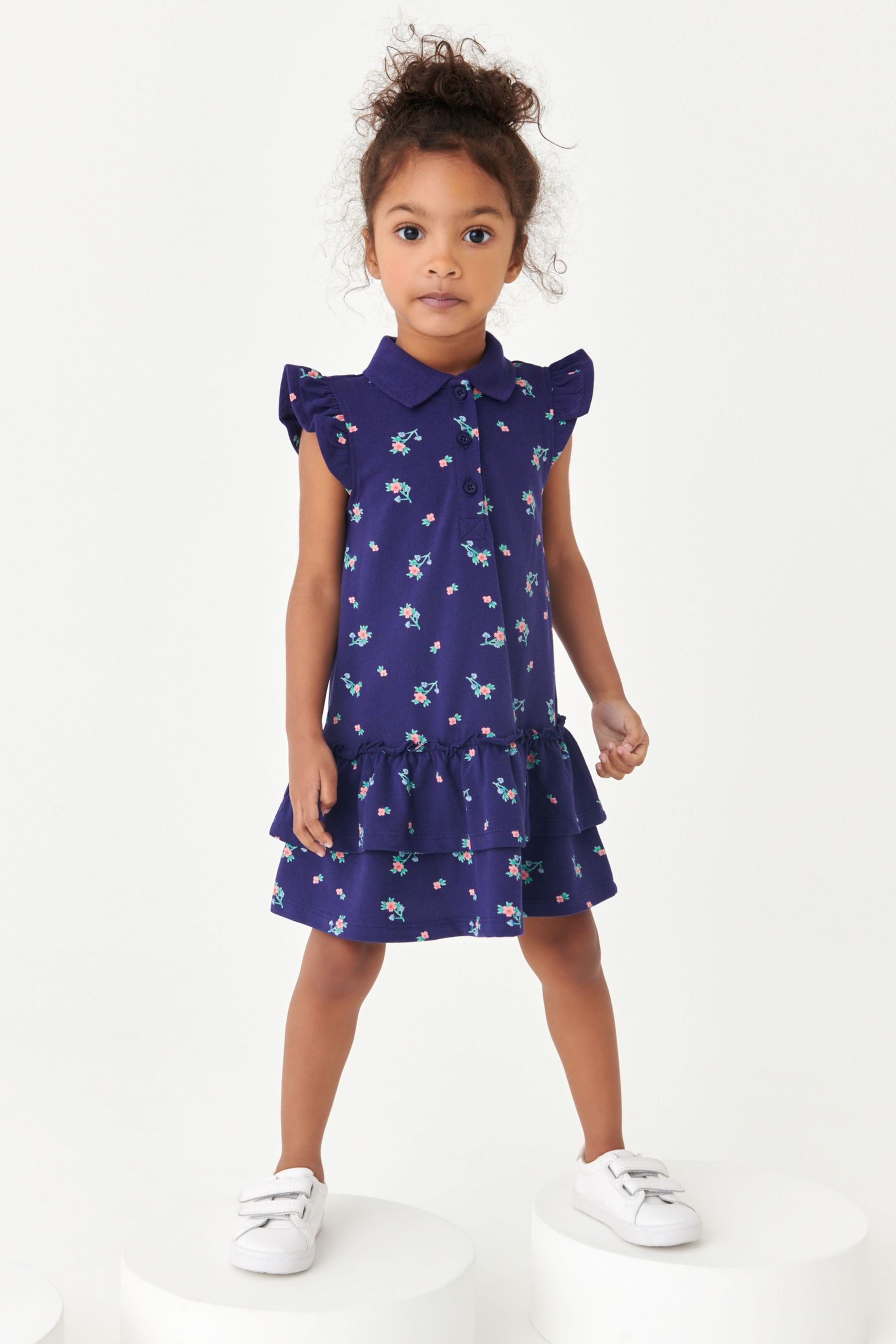 Navy Blue Floral Pique Polo Dress (3mths-7yrs)