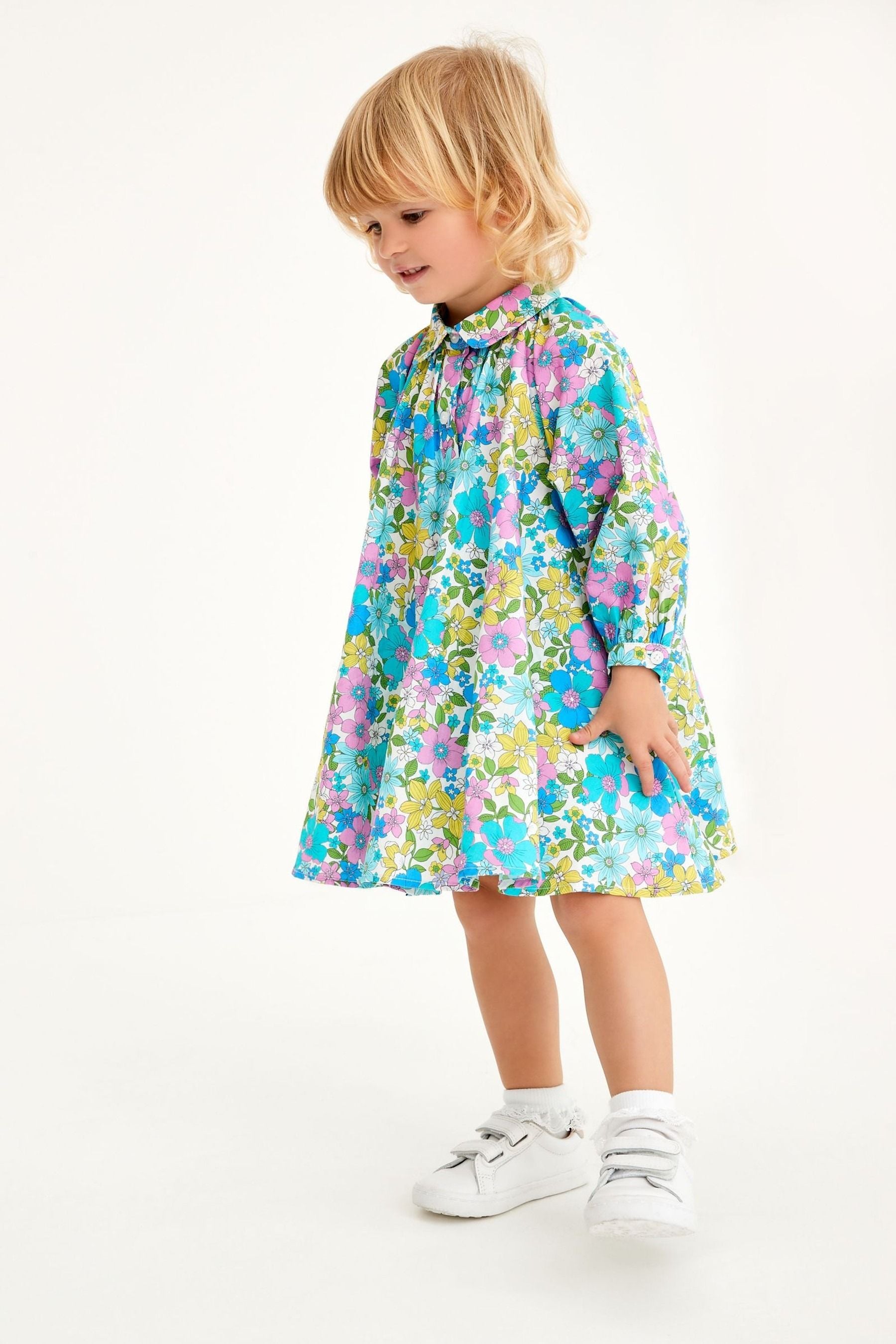 Blue Retro Print Cotton Volume Shirt Dress (3mths-7yrs)