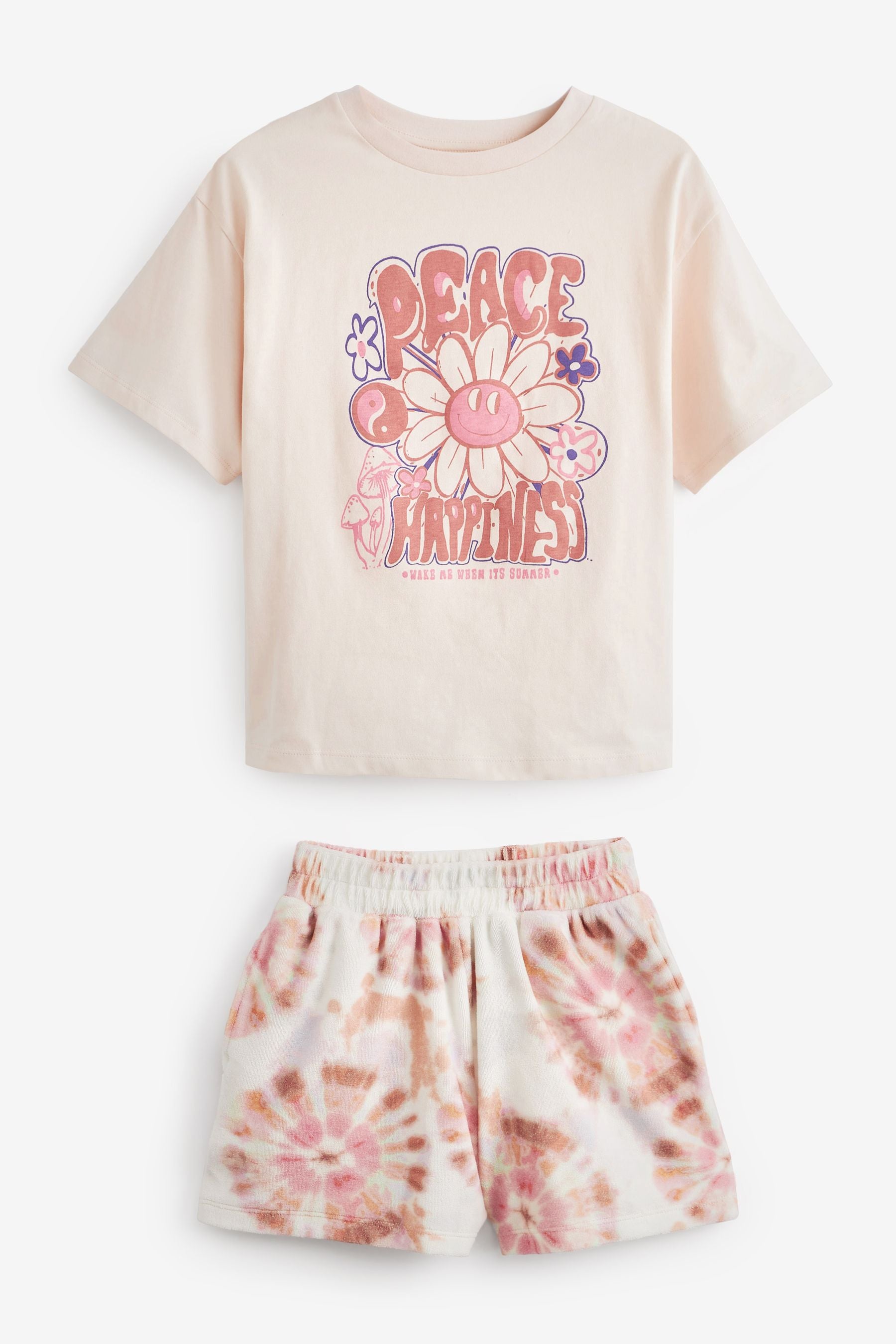 Light Pink Peace Print T-Shirt And Toweling Shorts Set (3-16yrs)