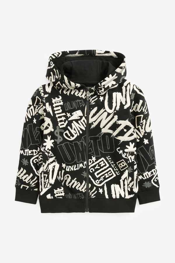 Black Graffiti Zip Through Hoodie (3-16yrs)