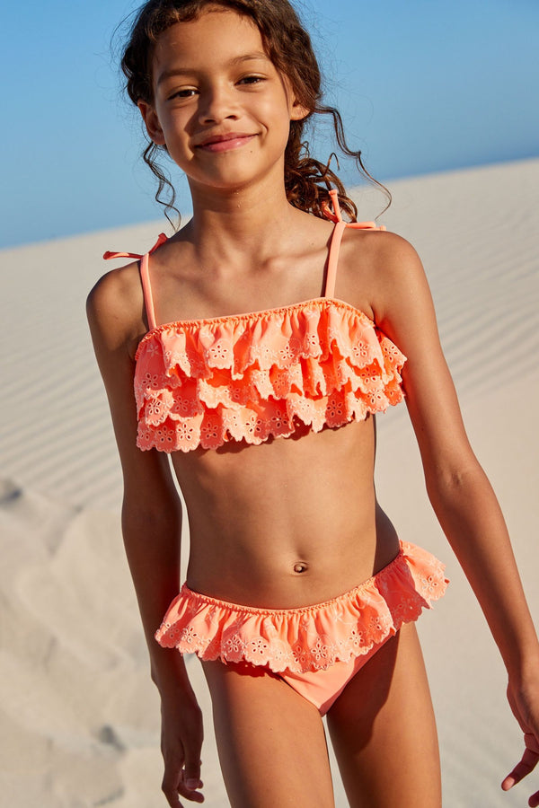 Coral Pink Tiered Embroidered Bikini Set (3-16yrs)