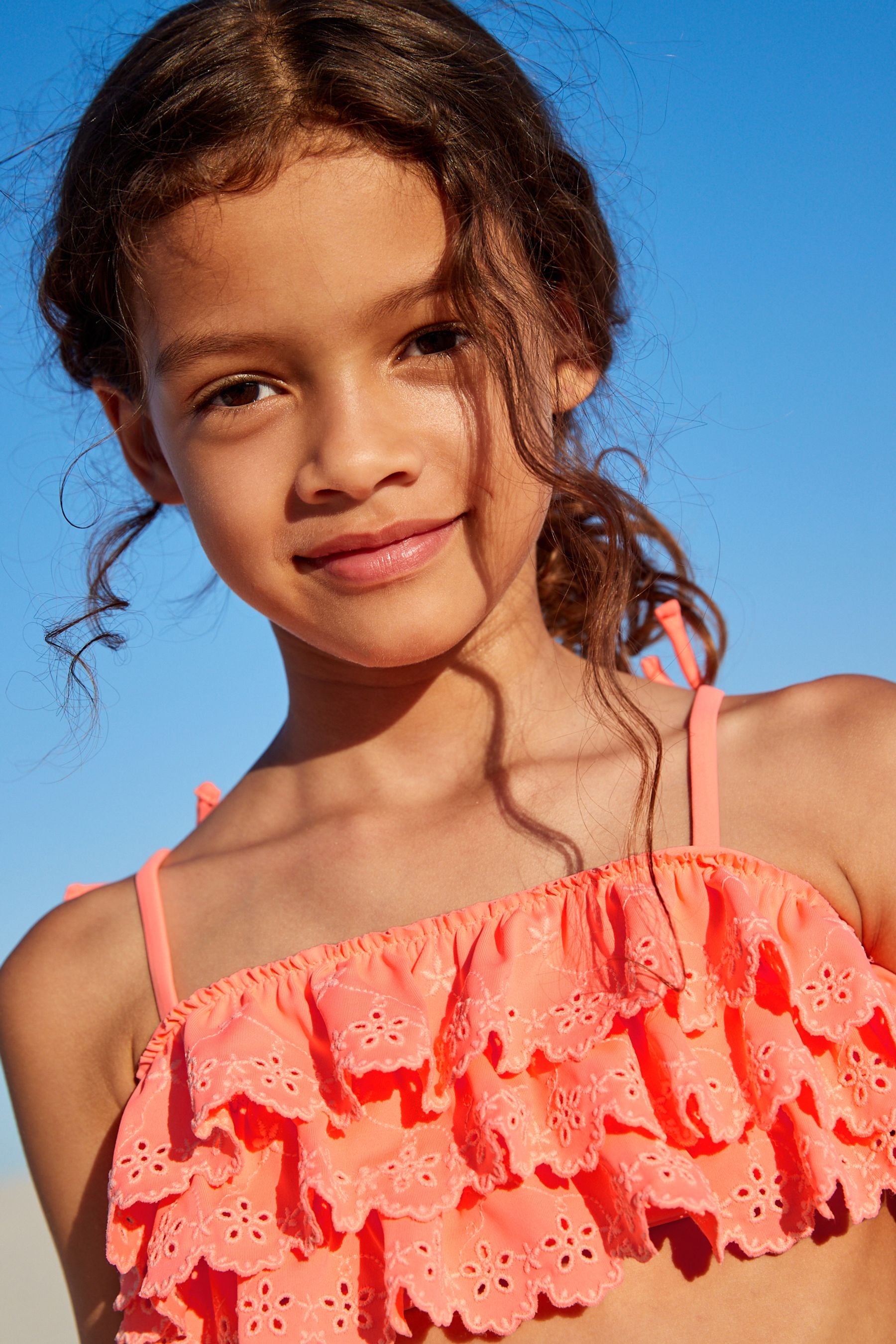 Coral Pink Tiered Embroidered Bikini Set (3-16yrs)