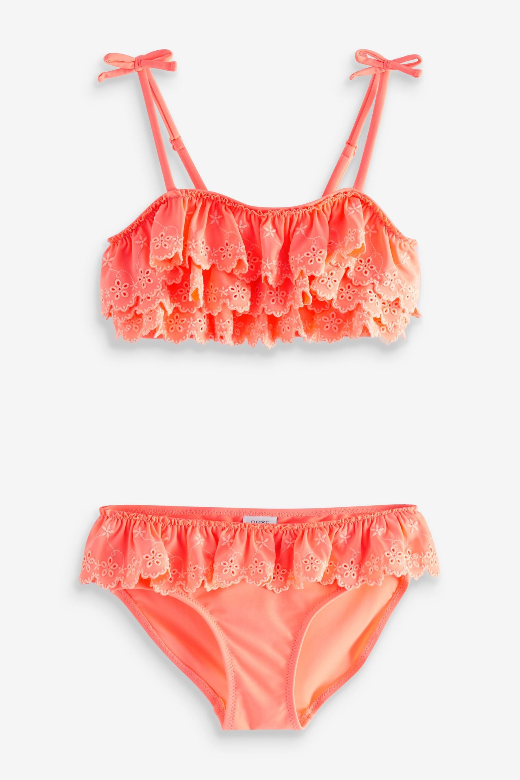 Coral Pink Tiered Embroidered Bikini Set (3-16yrs)