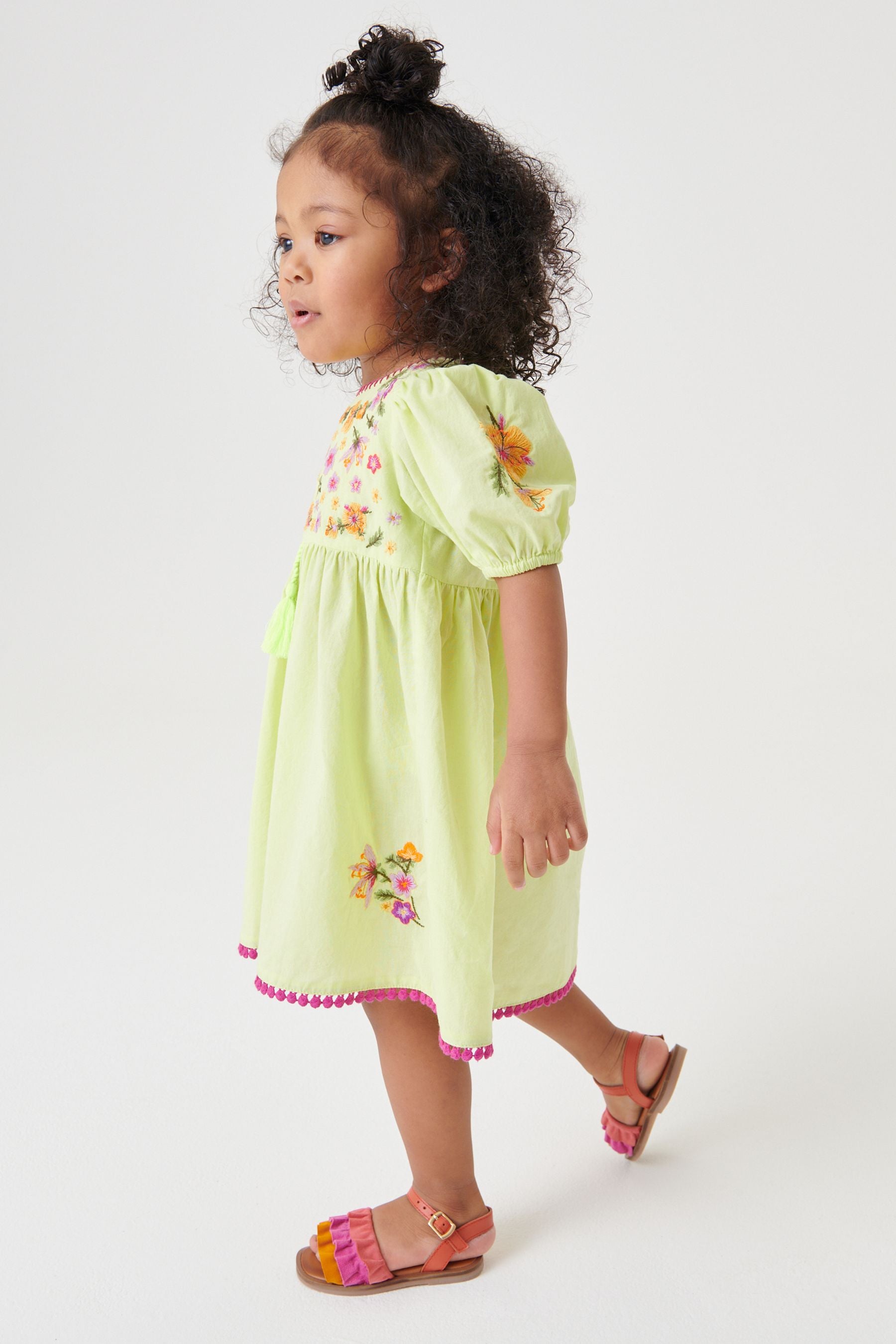 Lime Green Embroidered Puff Sleeve Dress (3mths-8yrs)