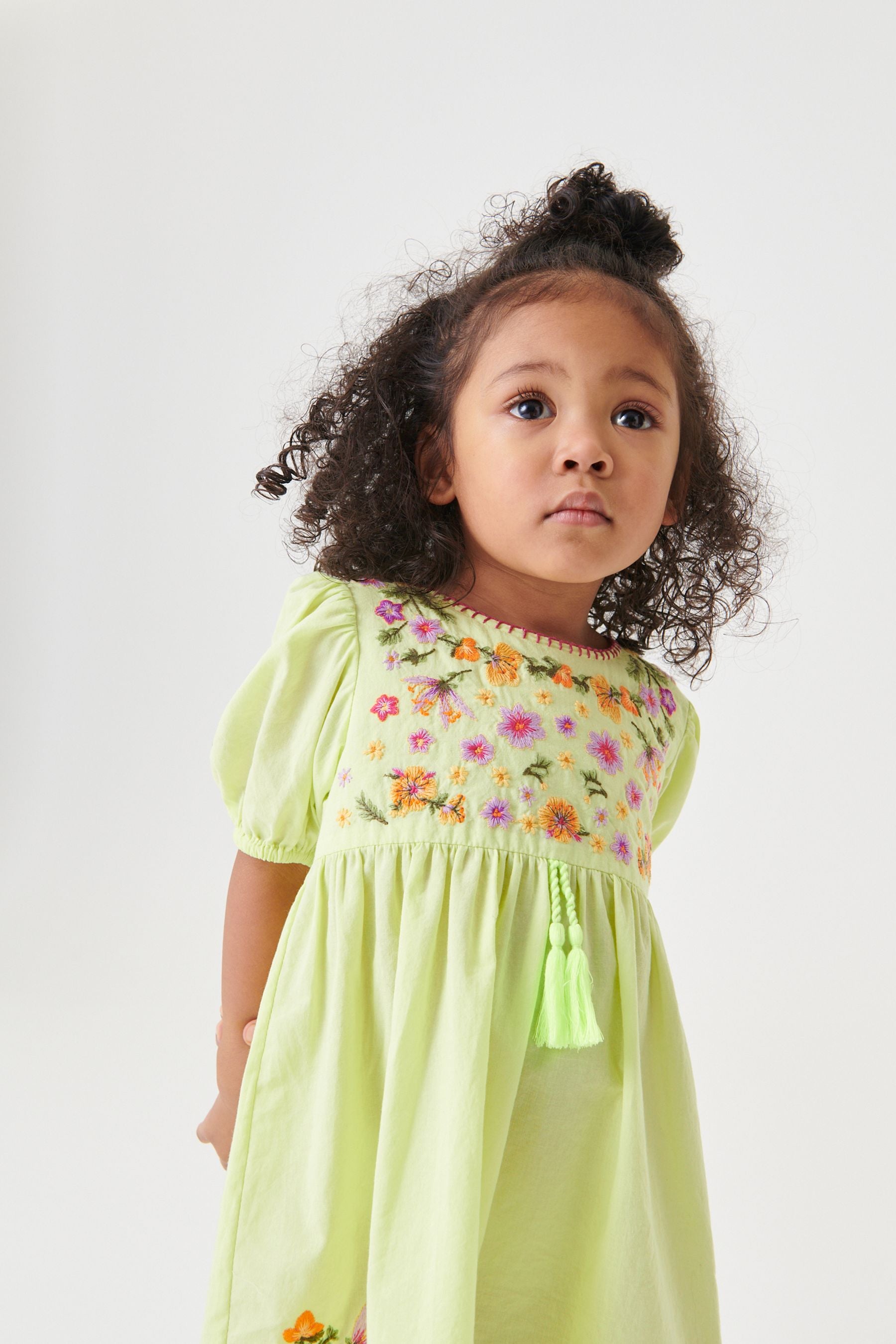 Lime Green Embroidered Puff Sleeve Dress (3mths-8yrs)