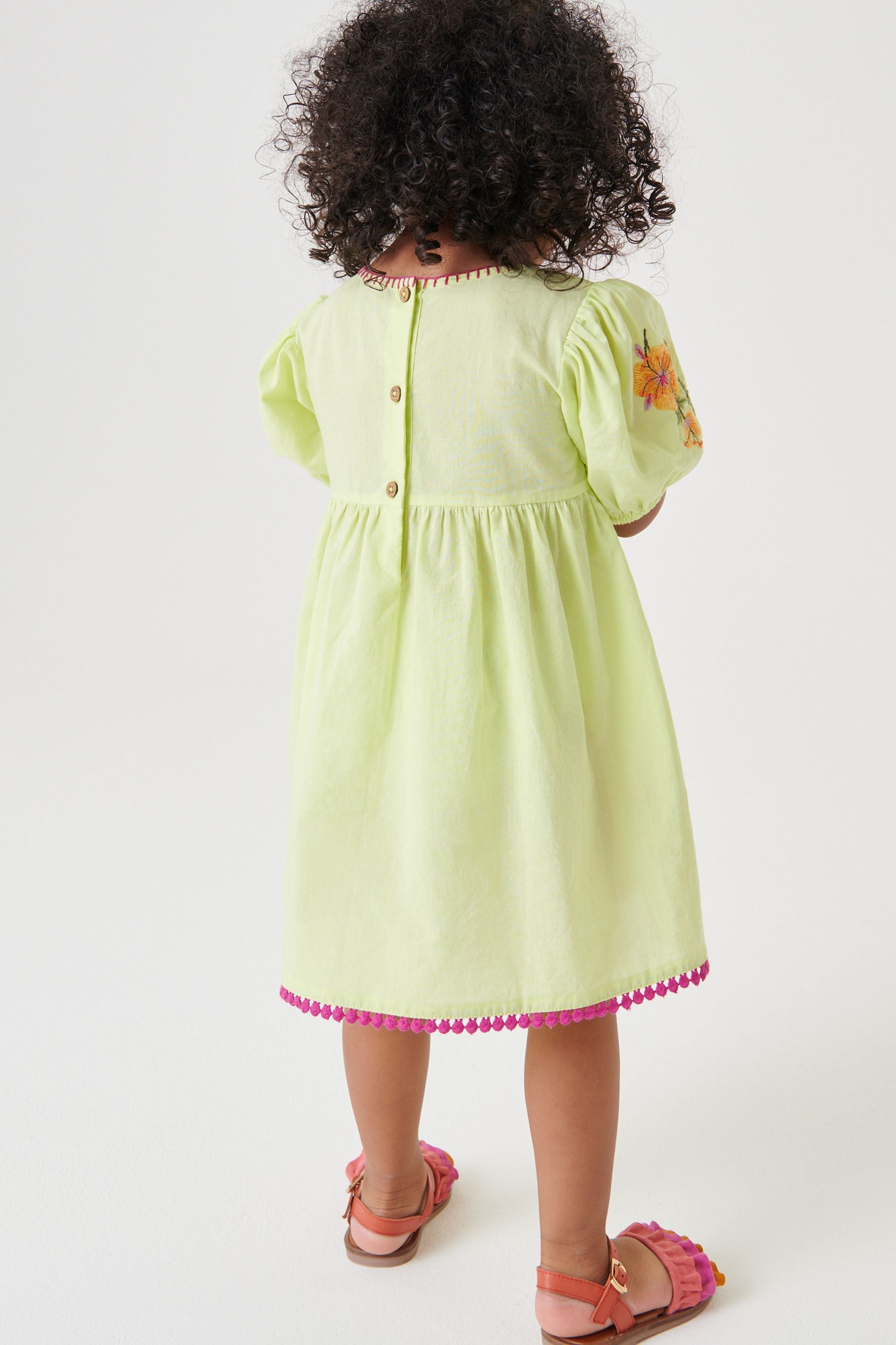 Lime Green Embroidered Puff Sleeve Dress (3mths-8yrs)