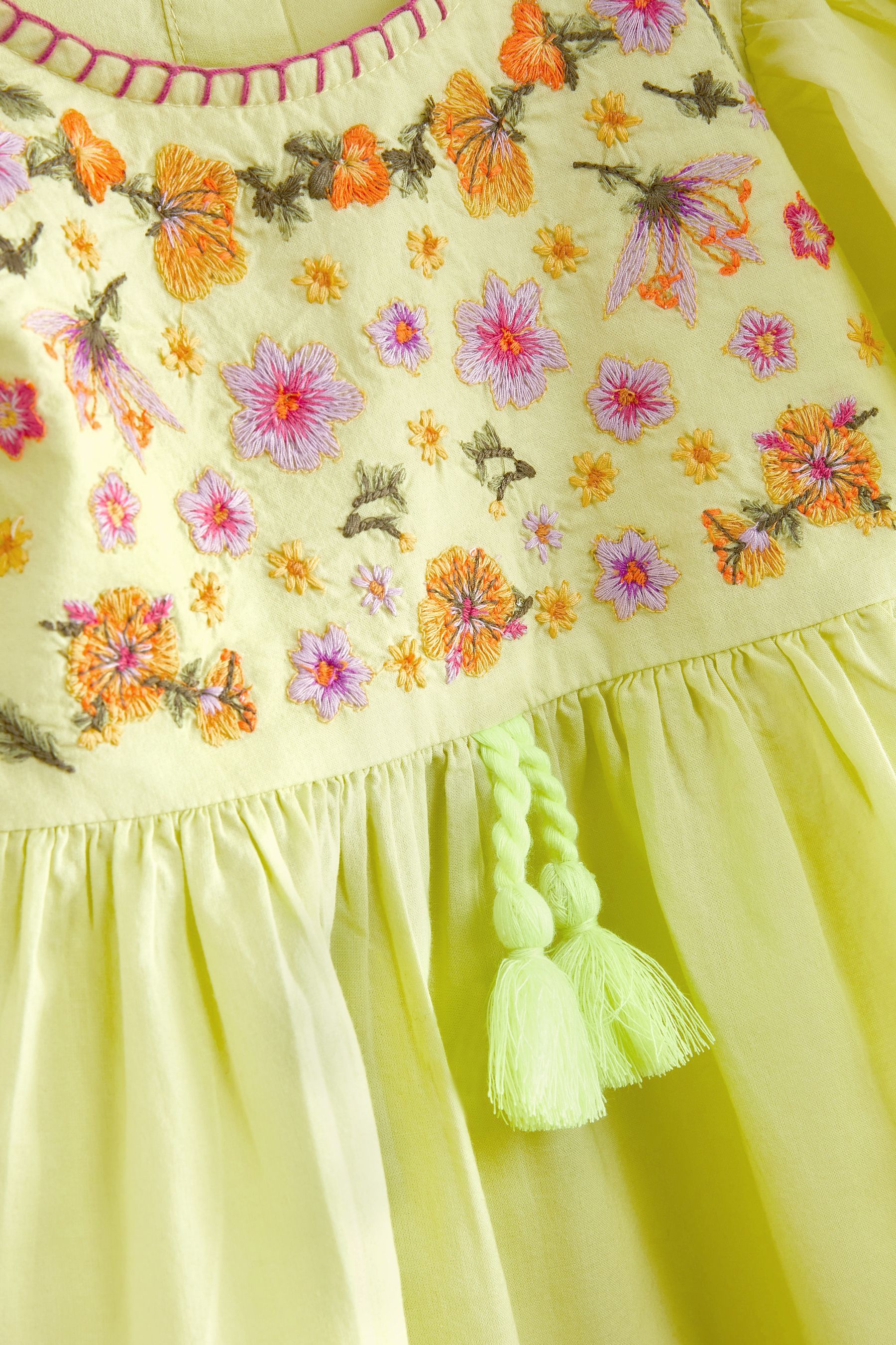 Lime Green Embroidered Puff Sleeve Dress (3mths-8yrs)