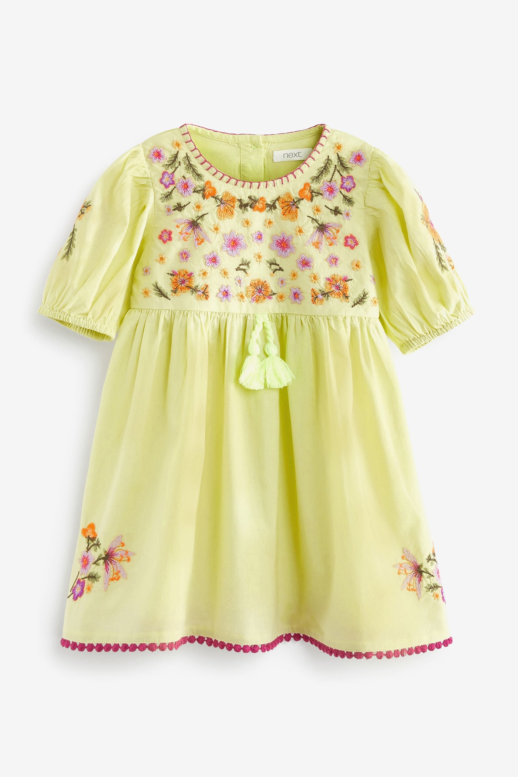 Lime Green Embroidered Puff Sleeve Dress (3mths-8yrs)