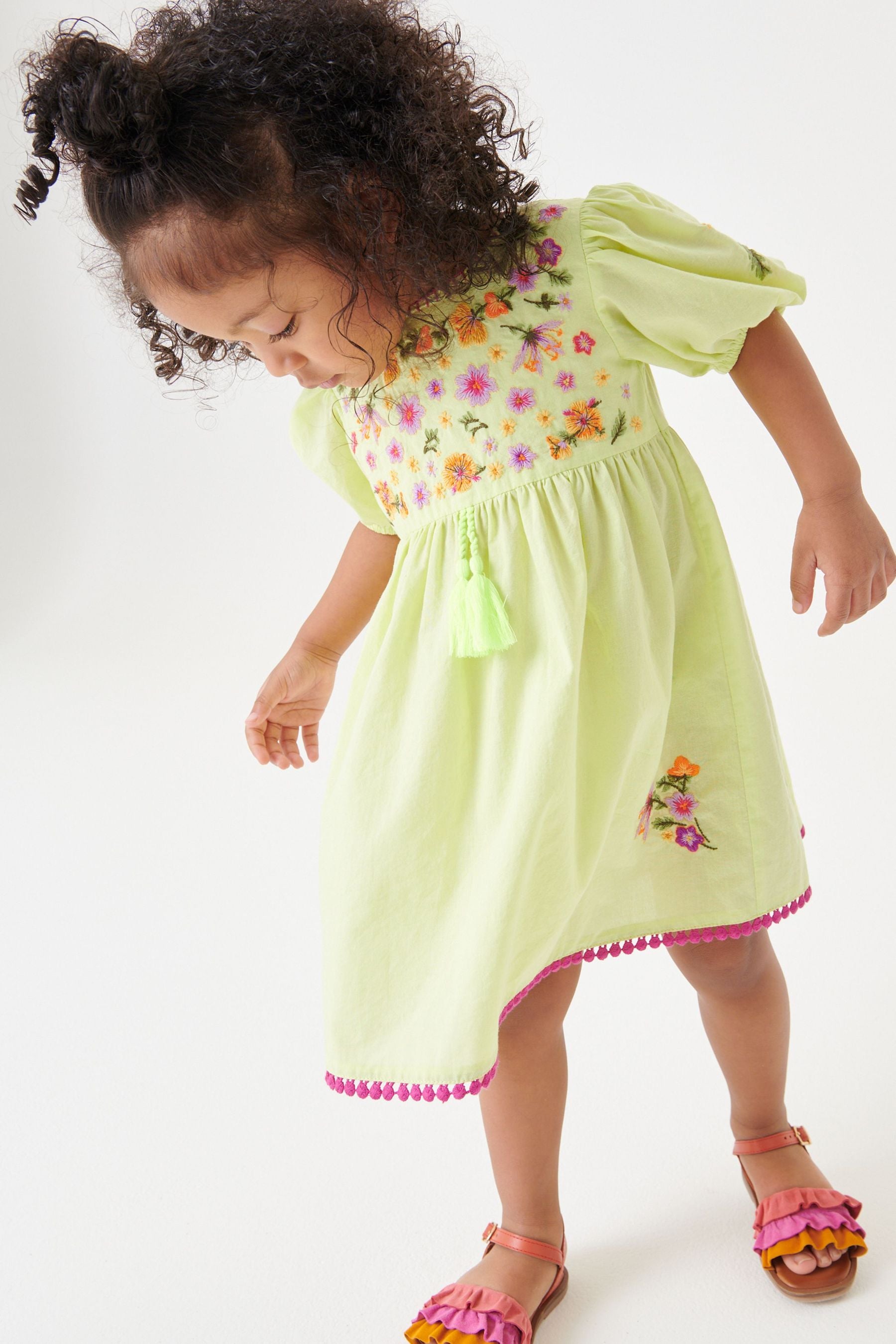 Lime Green Embroidered Puff Sleeve Dress (3mths-8yrs)