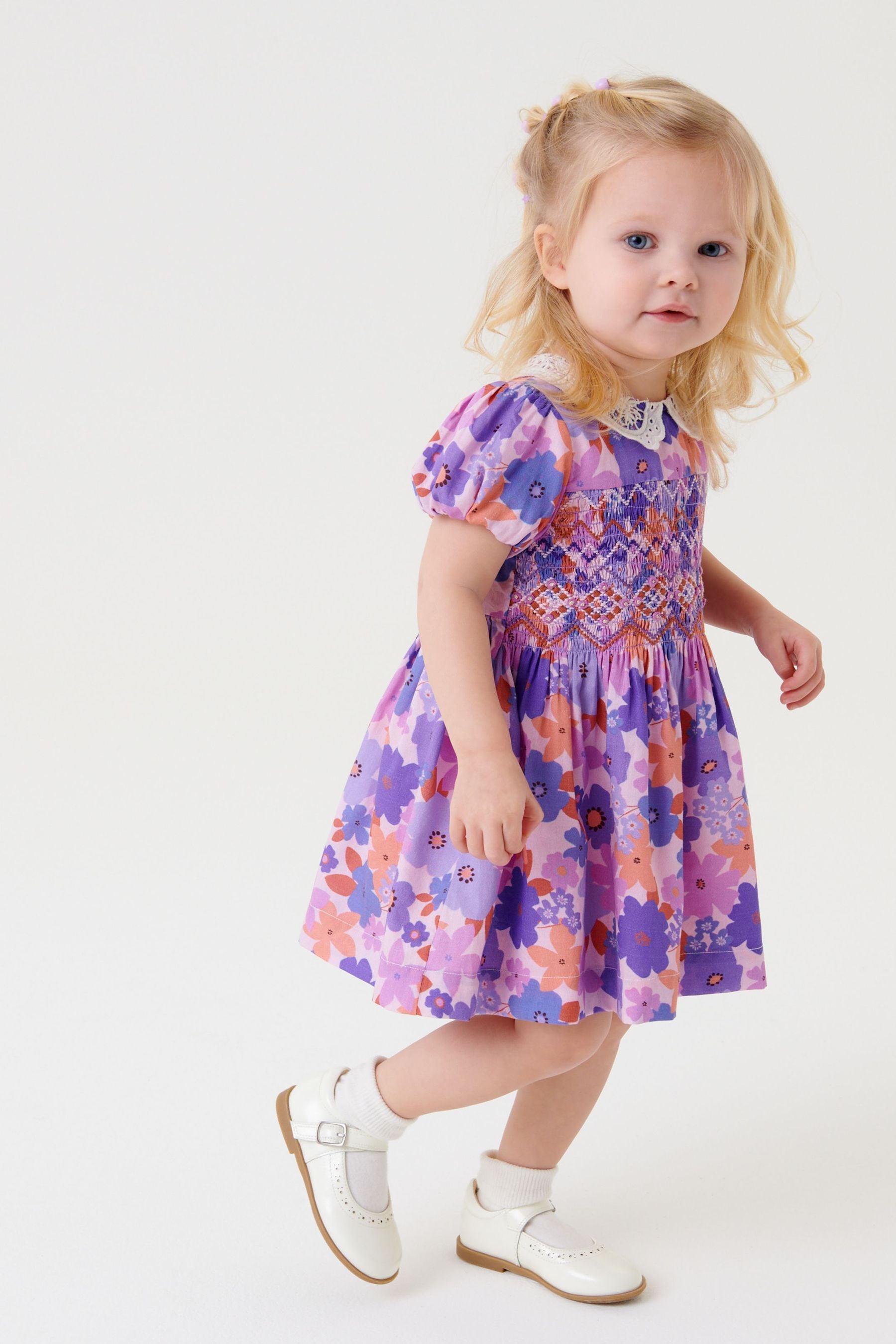 Purple Retro Floral Lace Collar Shirred Cotton Dress (3mths-8yrs)