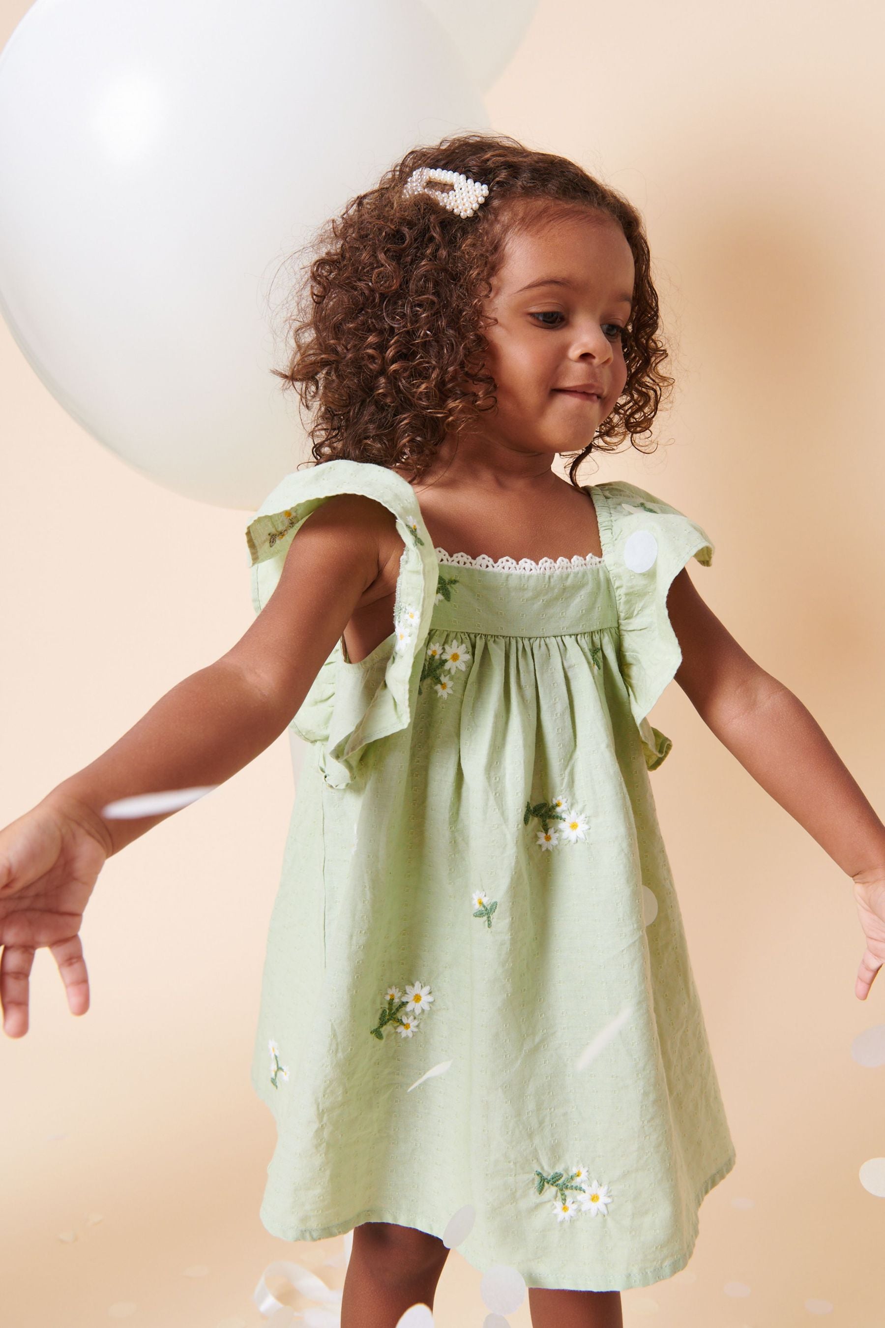 Soft Green Floral Embroidered Frill Sleeve Dress (3mths-8yrs)