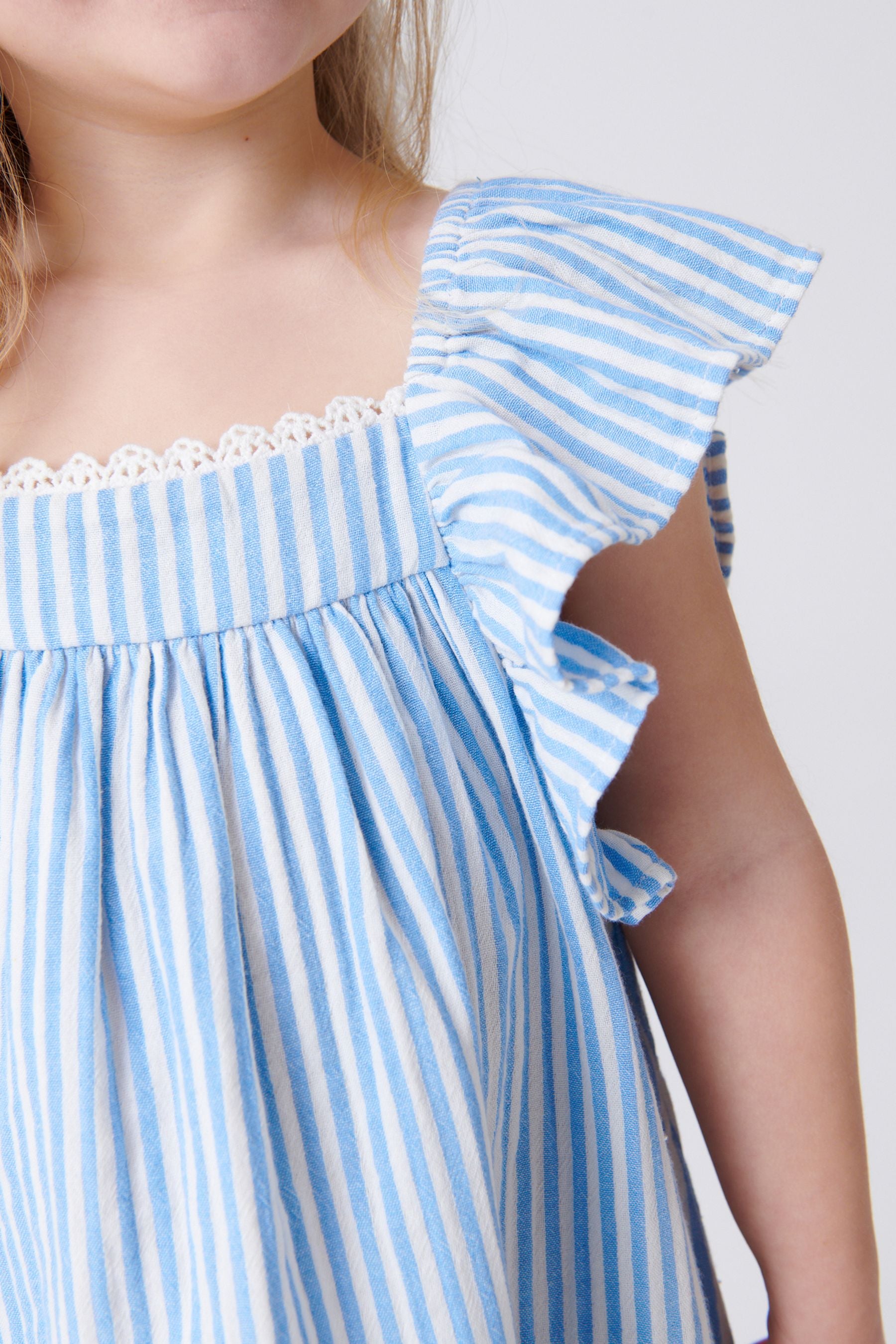 Blue Stripe Frill Sleeve Dress (3mths-8yrs)