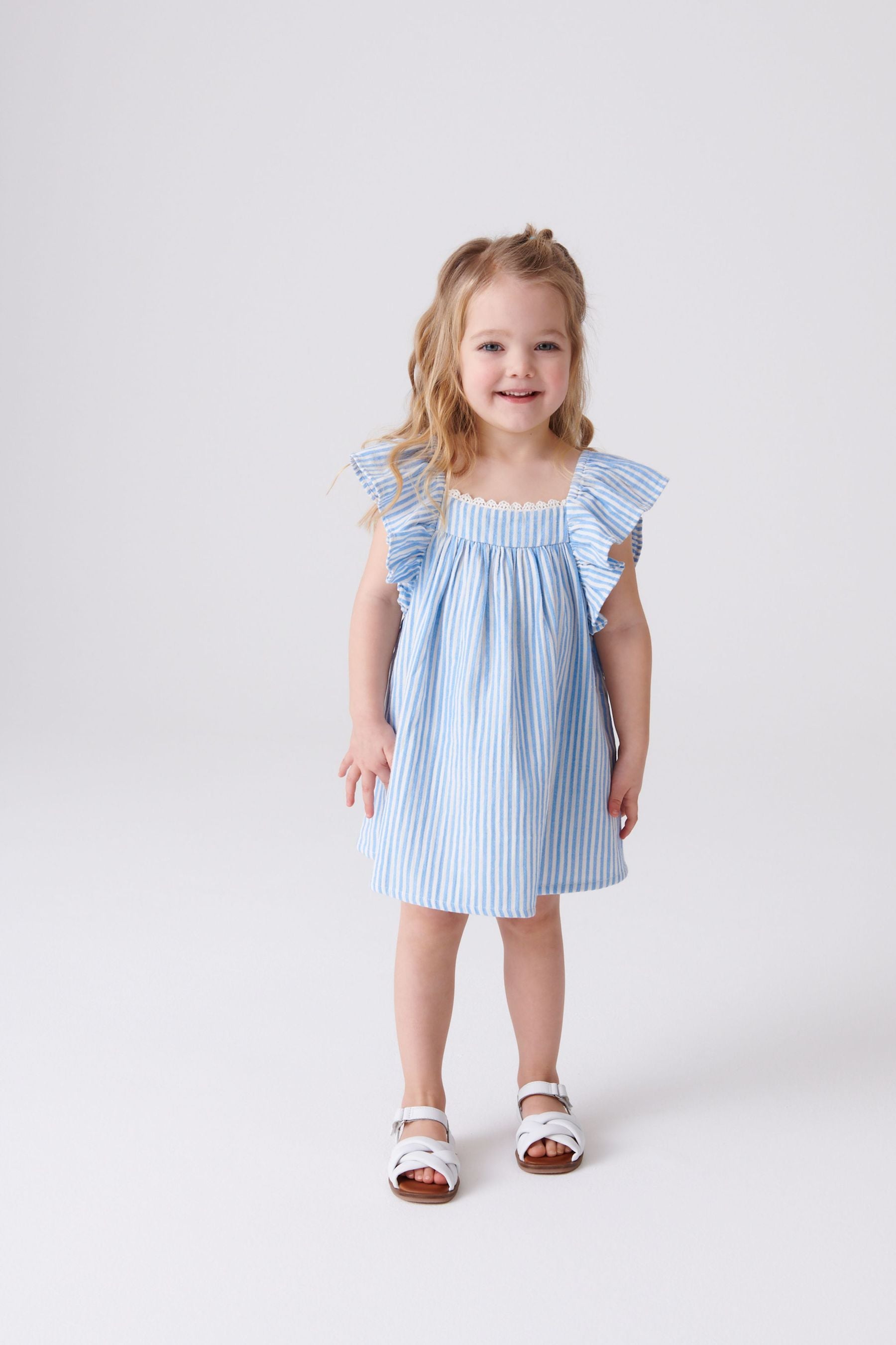 Blue Stripe Frill Sleeve Dress (3mths-8yrs)