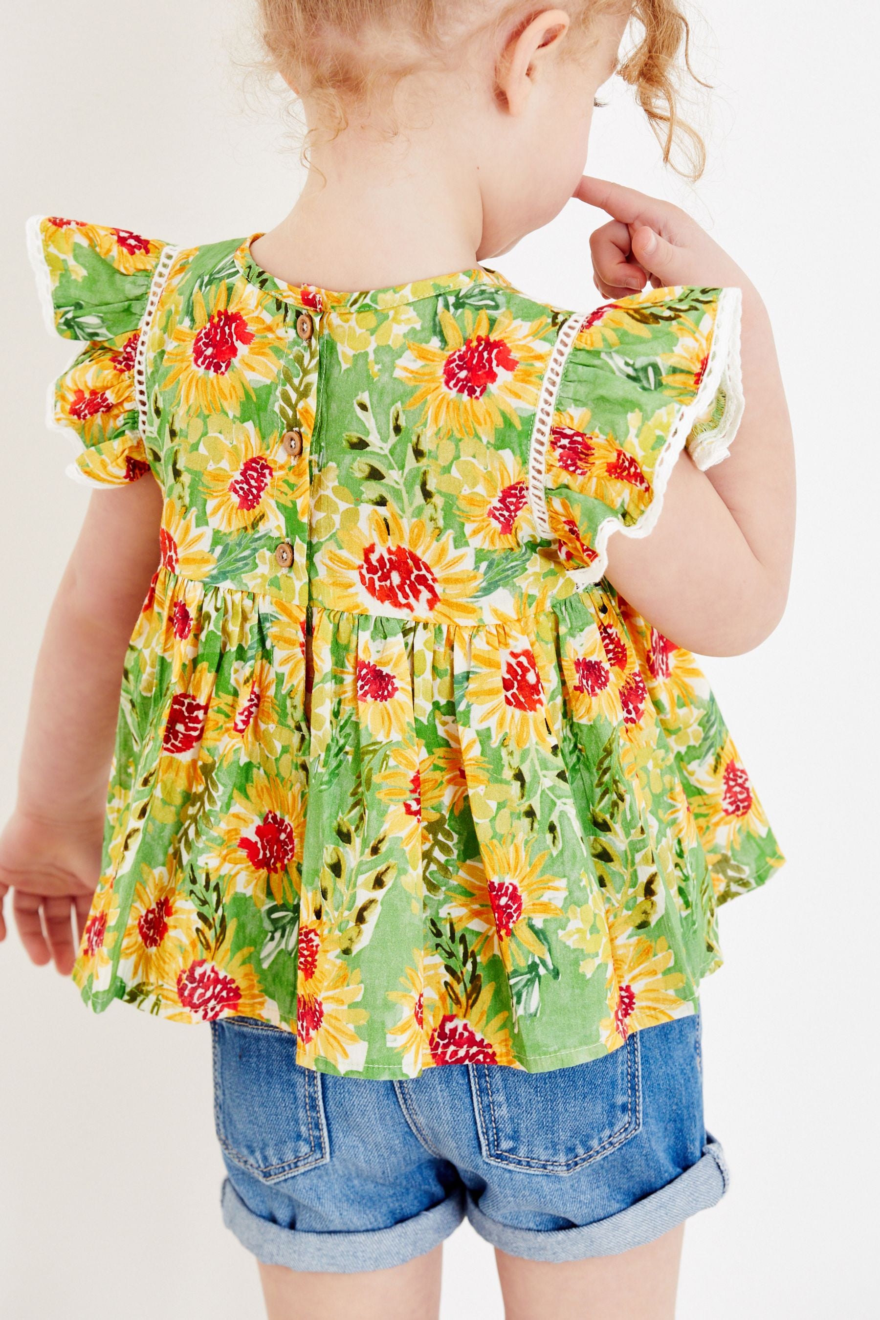 Green Tropical Lace Trim Blouse (3mths-7yrs)