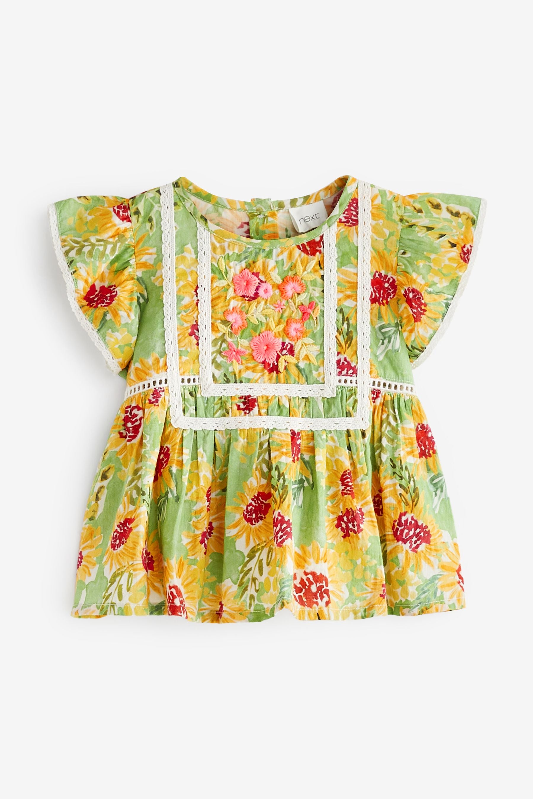 Green Tropical Lace Trim Blouse (3mths-7yrs)