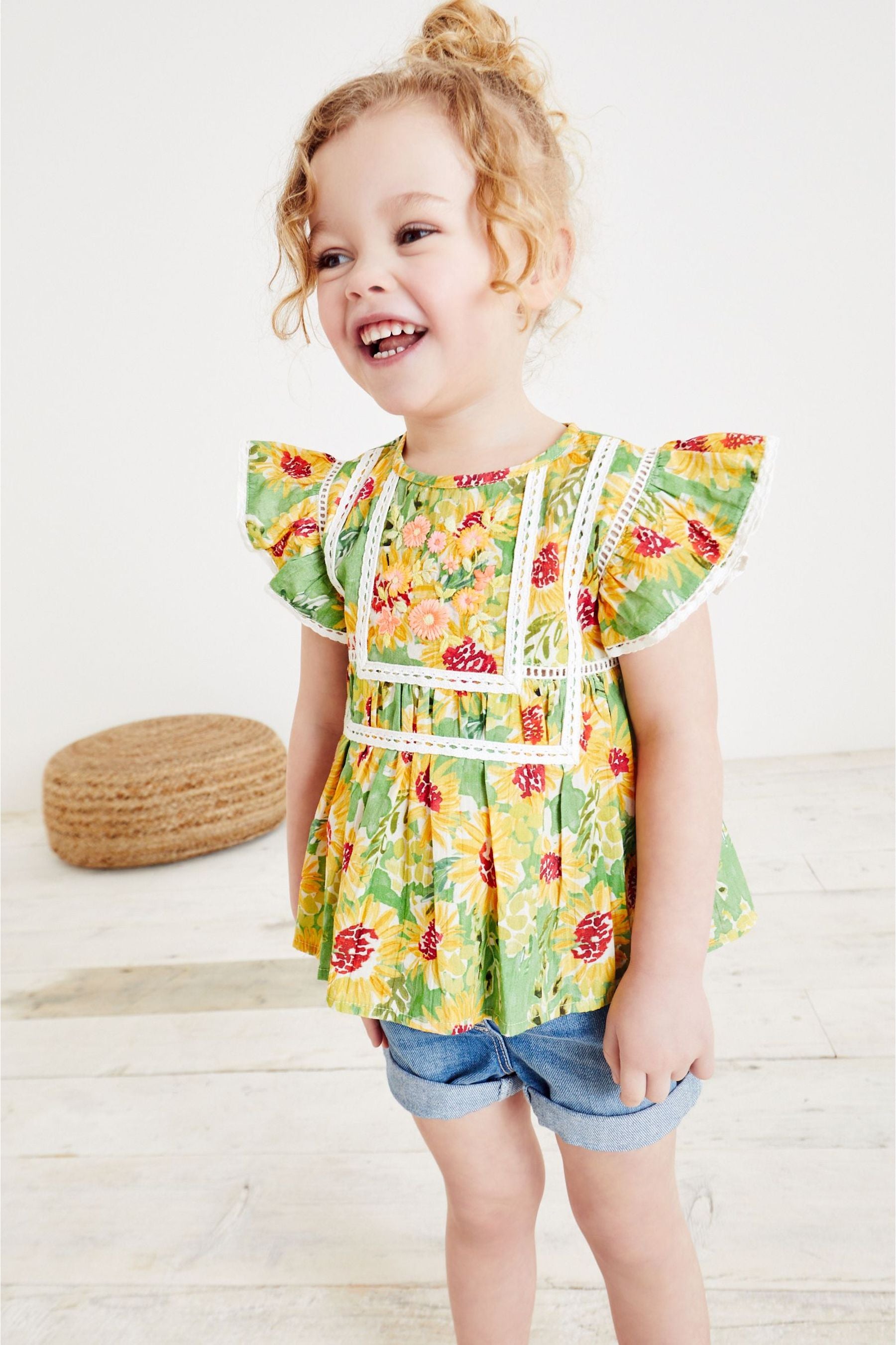 Green Tropical Lace Trim Blouse (3mths-7yrs)