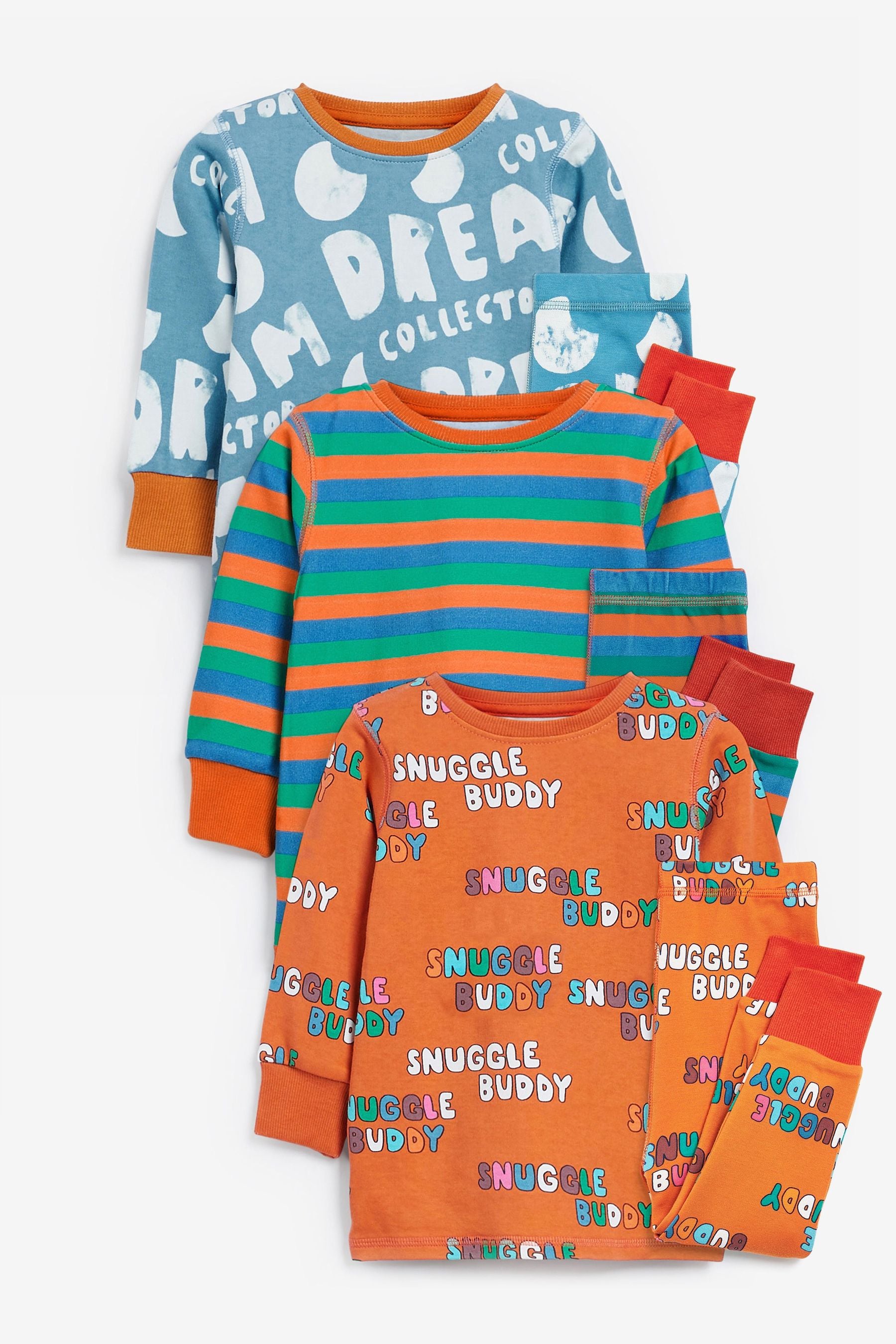 Blue/Orange 3 Pack Snuggle Slogan Pyjamas