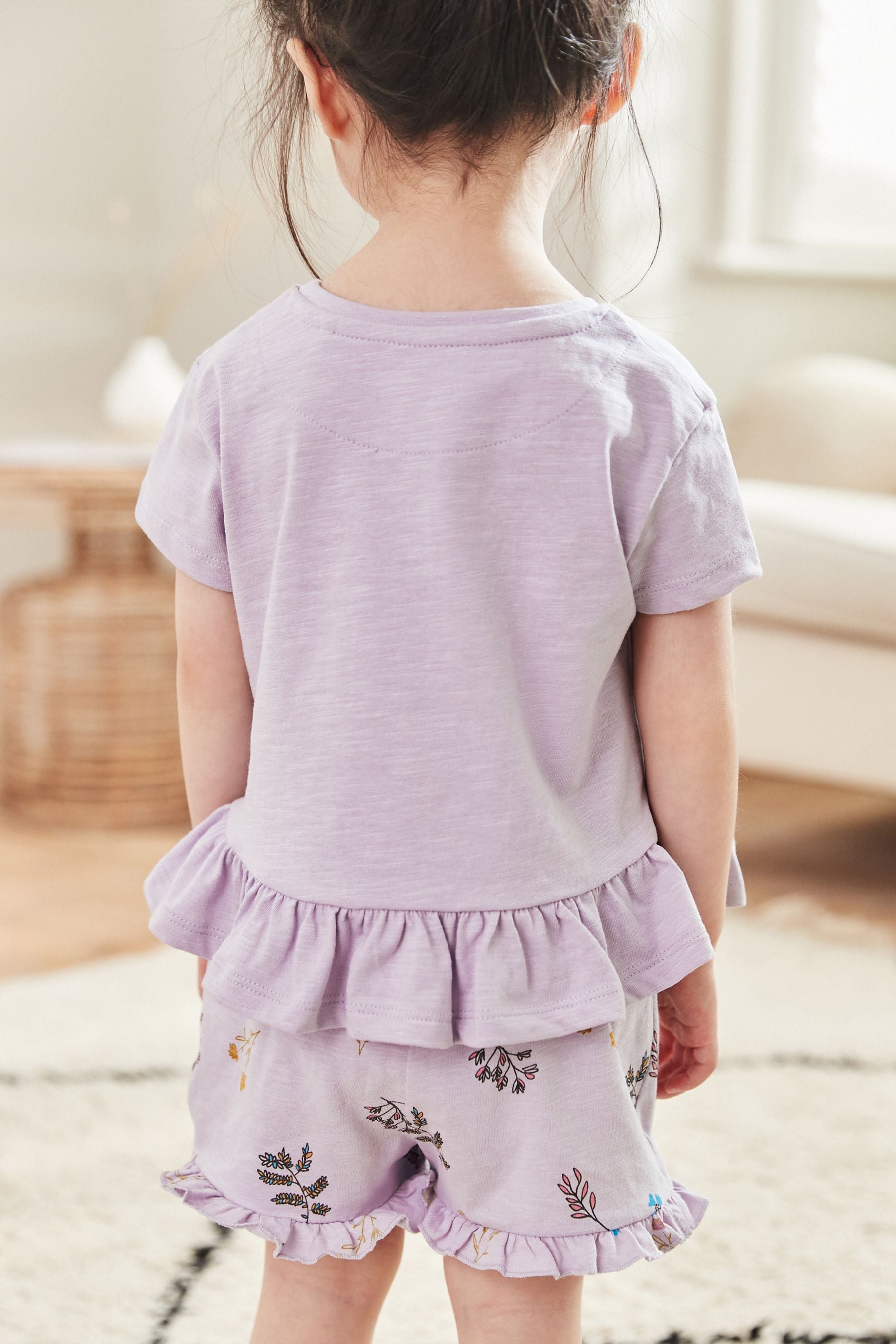 Cream/Lilac Floral Embroidery 3 Pack Short Pyjamas (9mths-12yrs)