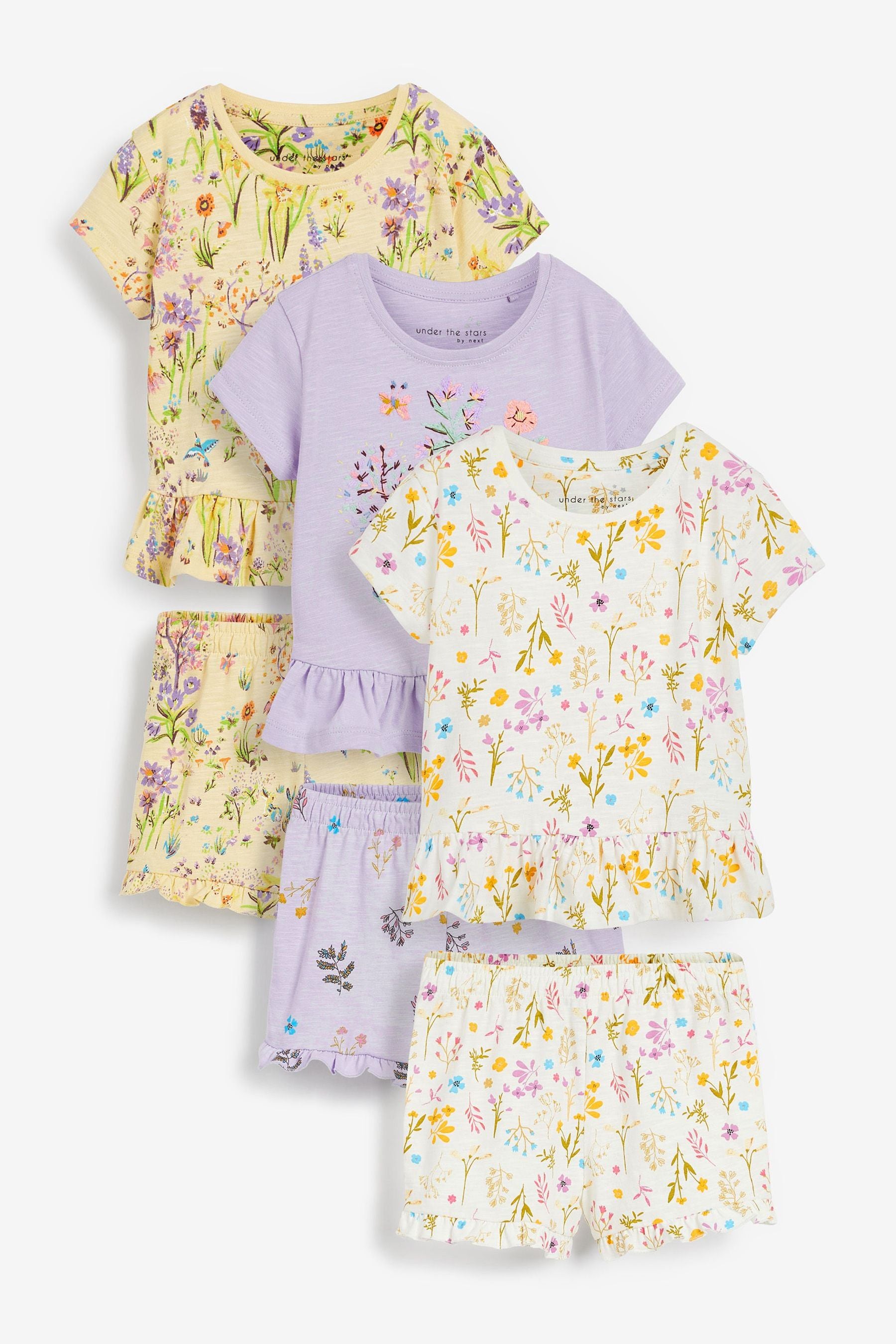 Cream/Lilac Floral Embroidery 3 Pack Short Pyjamas (9mths-12yrs)