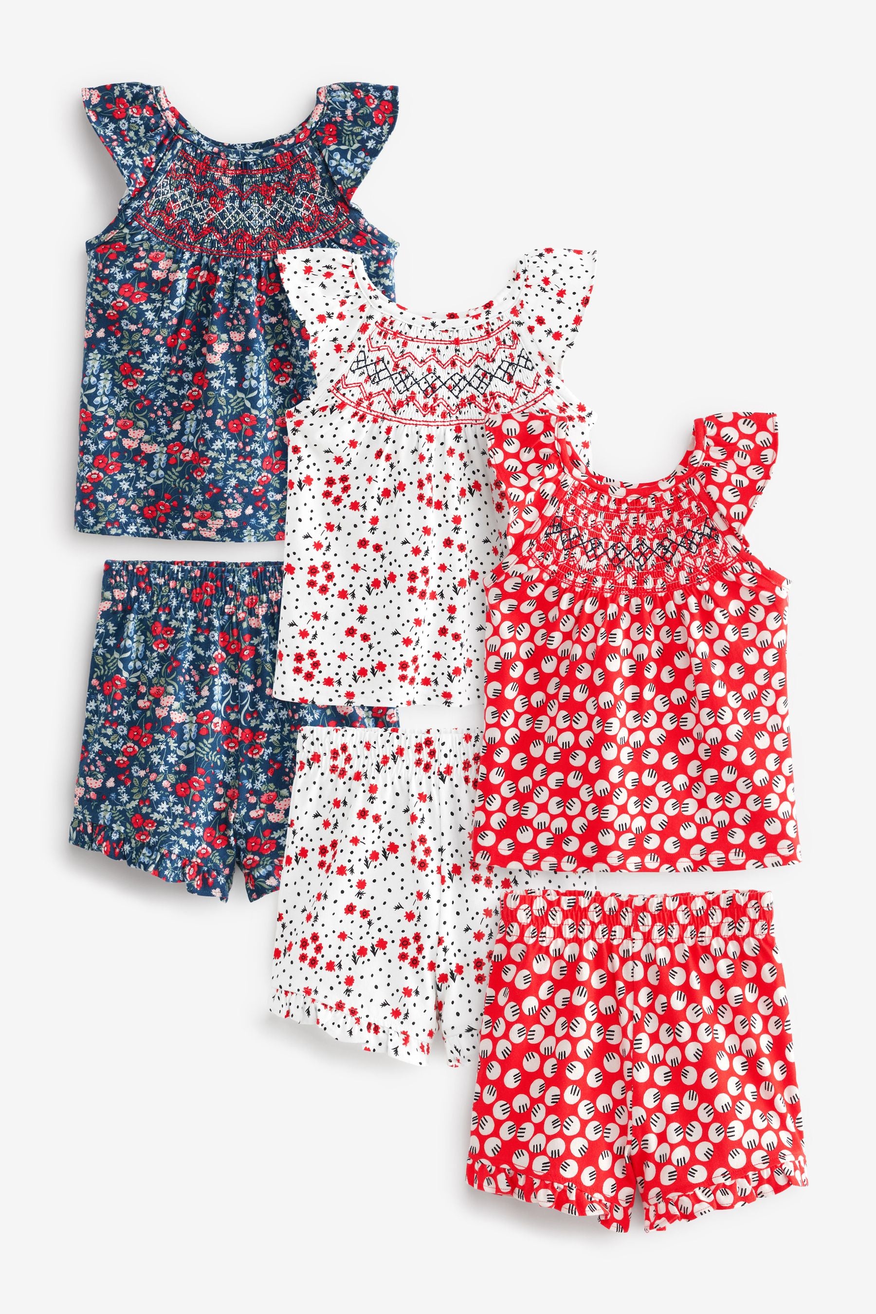 Red/White/Navy Floral 3 Pack Shirred Neck Pyjama Shorts (9mths-8yrs)