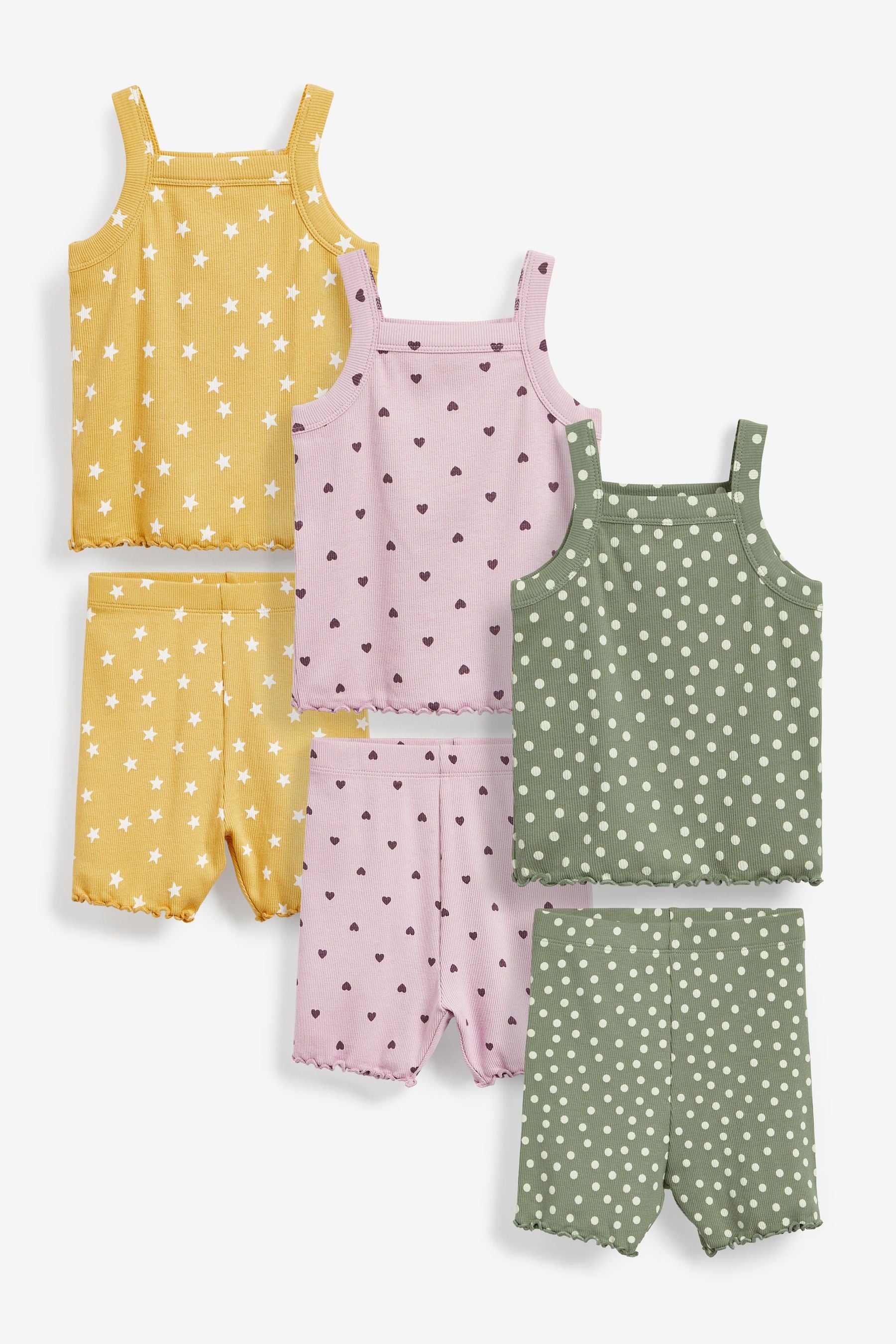 Green/Yellow/Lilac Purple Simple Print 3 Pack Cami Short Pyjamas (9mths-8yrs)