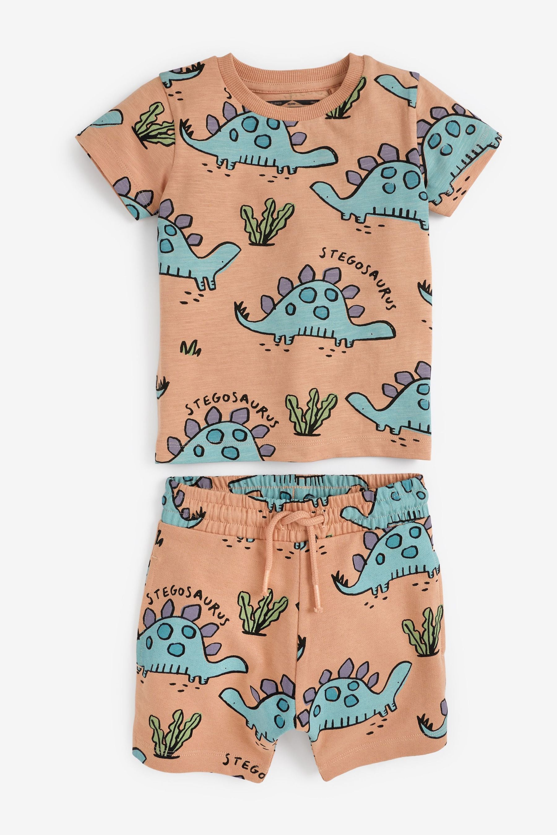 Peach Orange Dino All Over Printed T-Shirt and Shorts Set (3mths-7yrs)