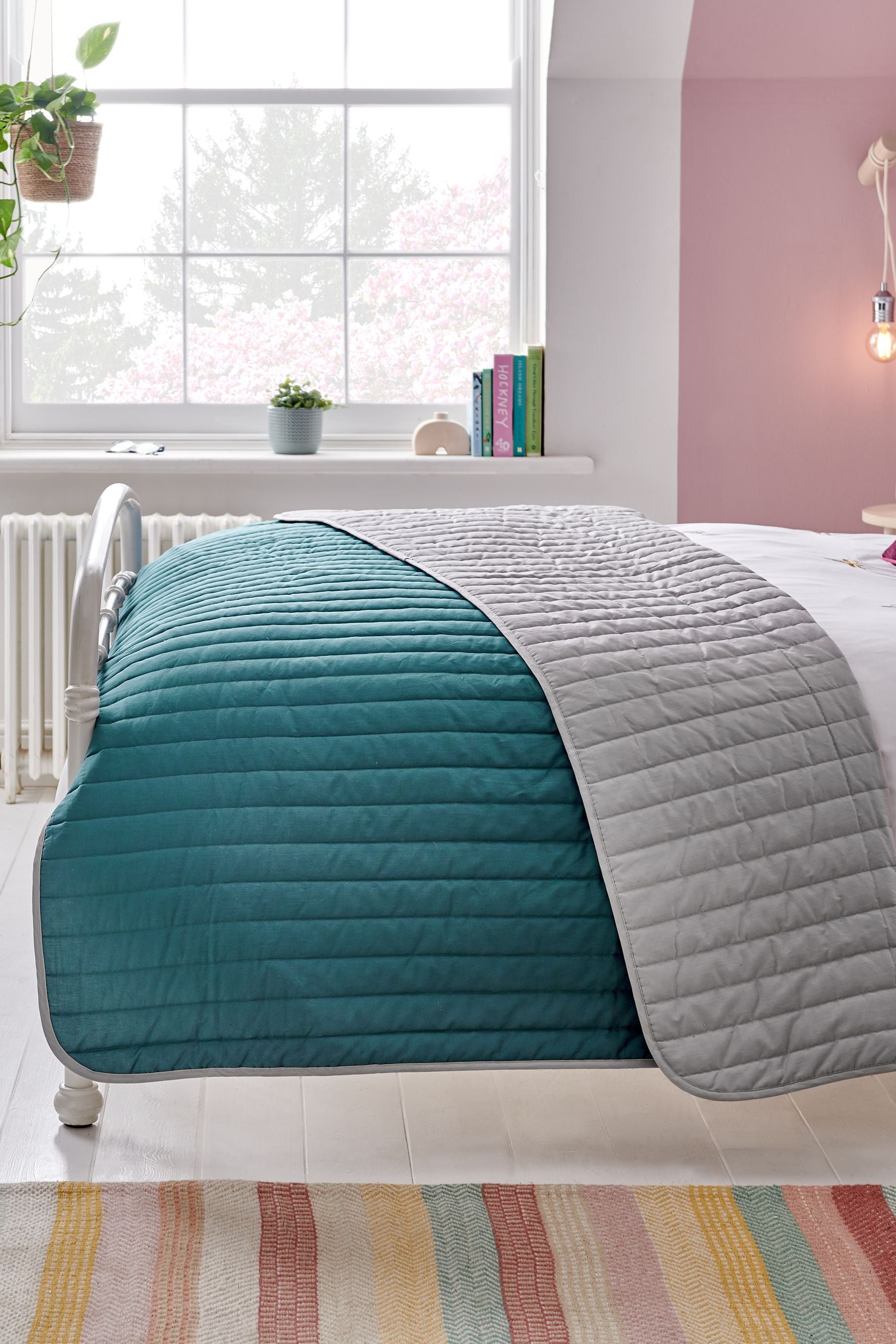 Teal Blue Reversible Cotton Rich Bedspread