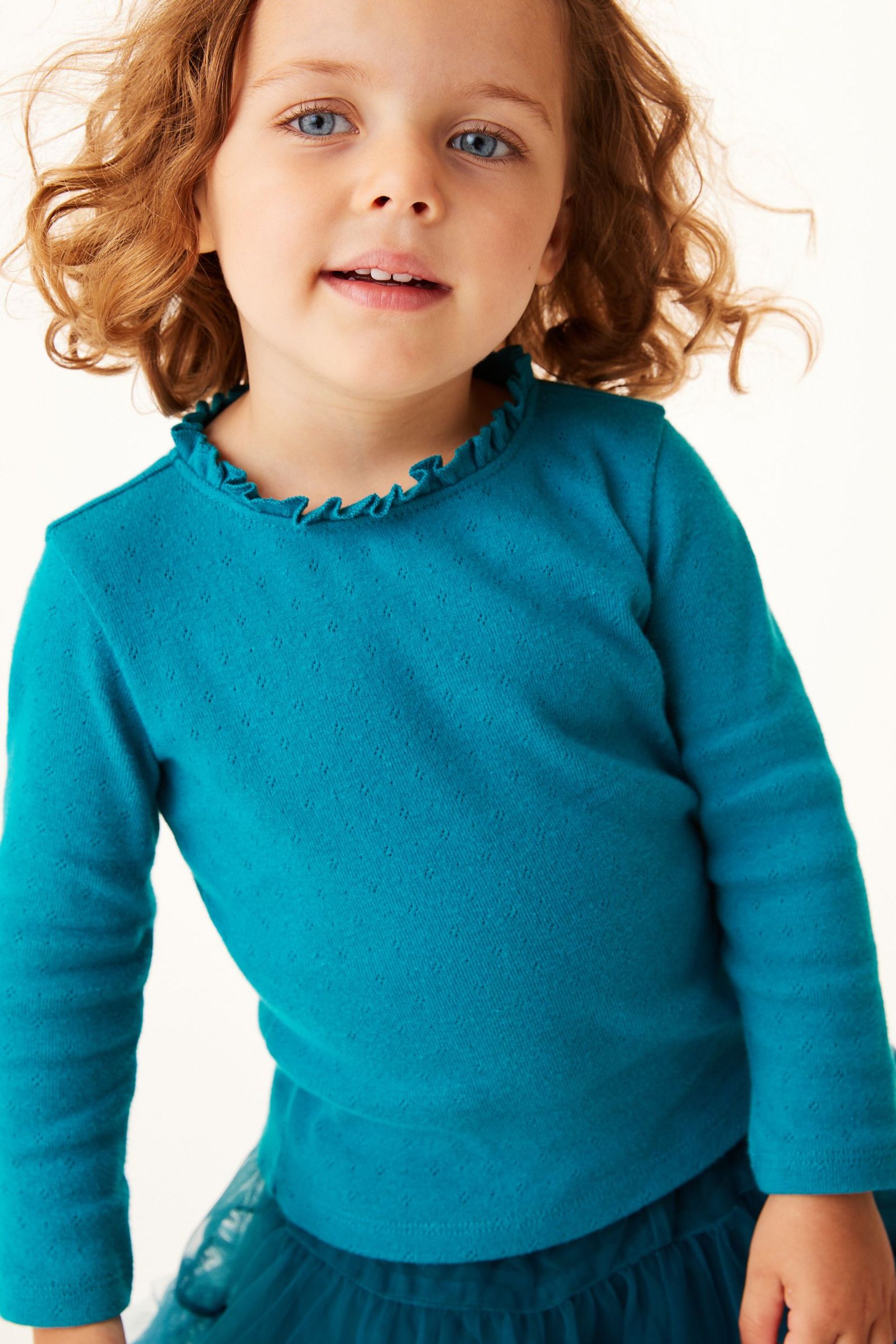 Teal Blue Long Sleeve Pointelle Cotton Top (3mths-7yrs)