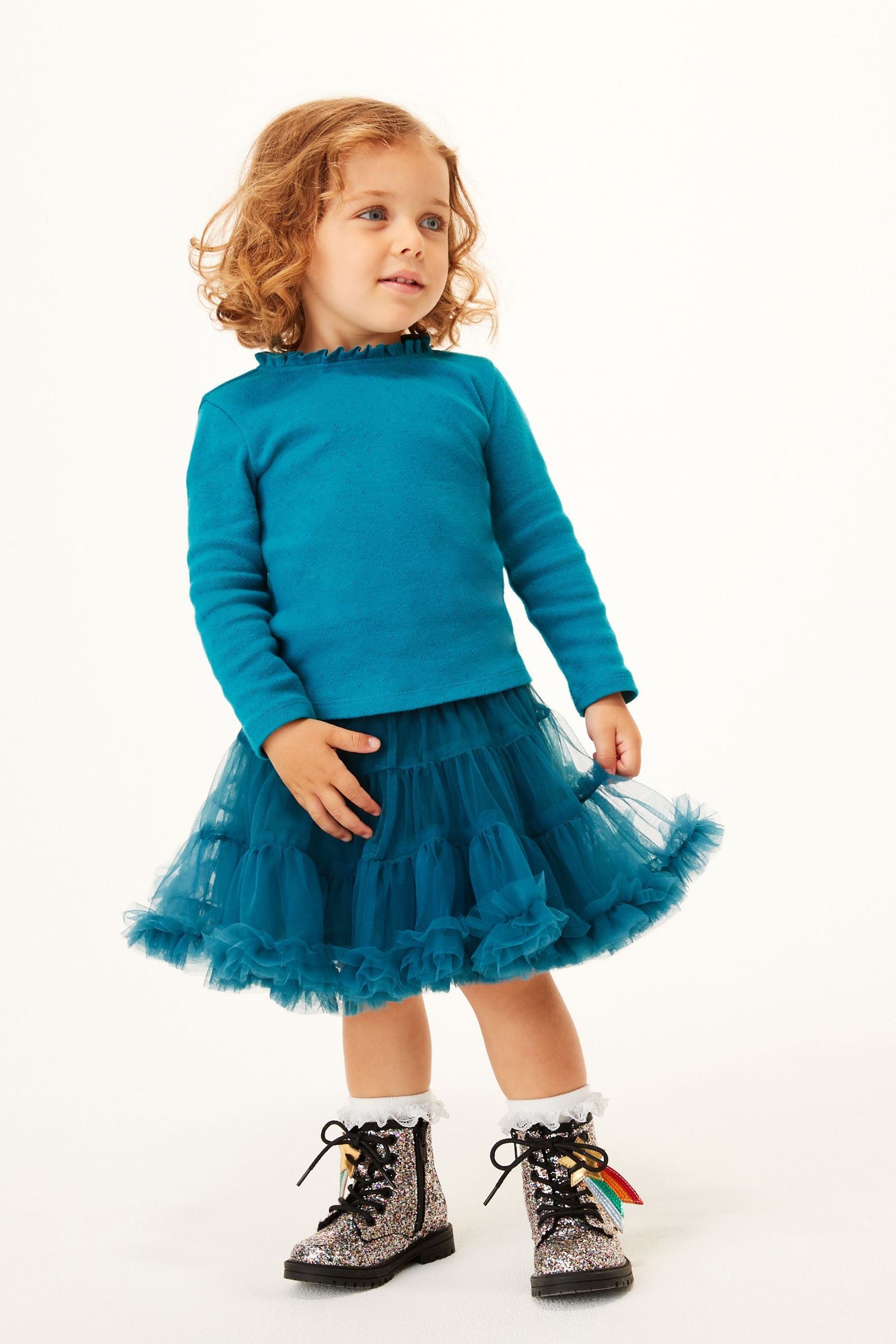 Teal Blue Long Sleeve Pointelle Cotton Top (3mths-7yrs)