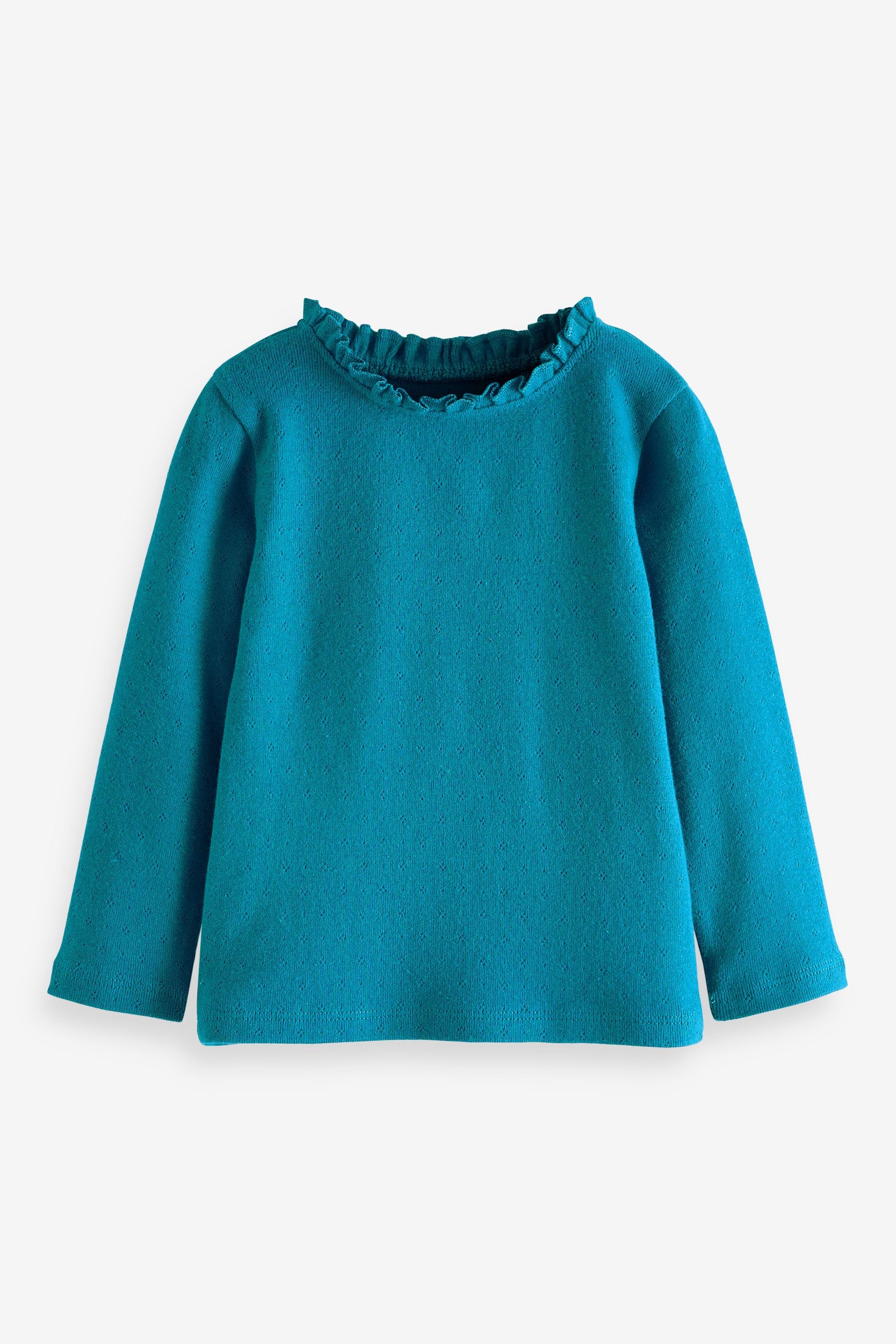 Teal Blue Long Sleeve Pointelle Cotton Top (3mths-7yrs)