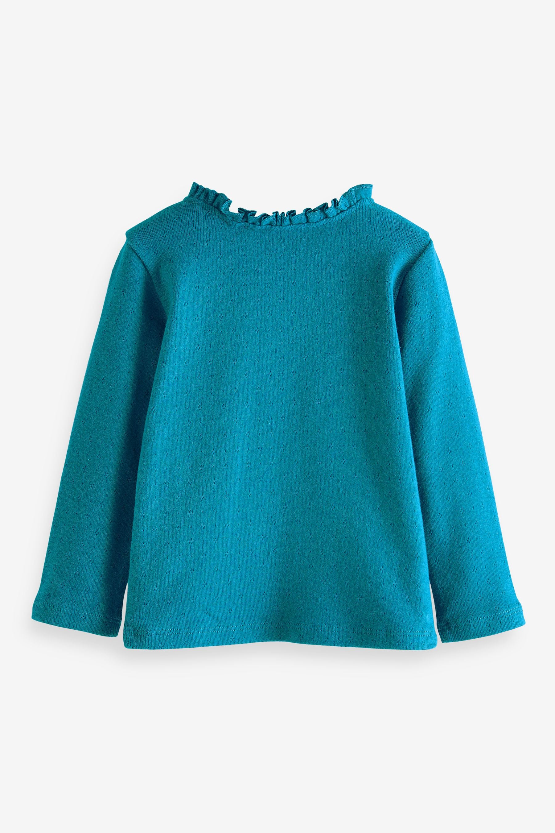 Teal Blue Long Sleeve Pointelle Cotton Top (3mths-7yrs)