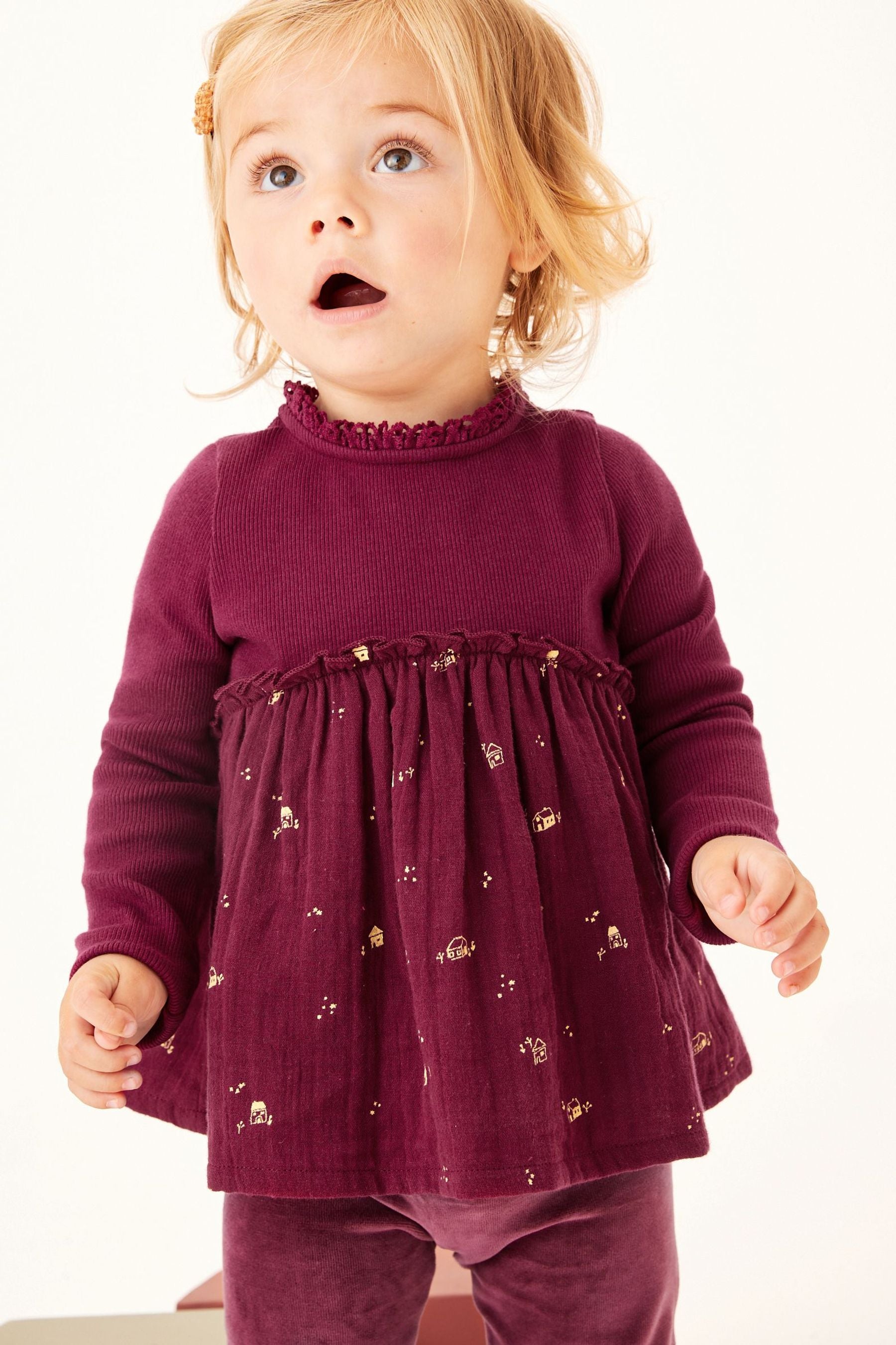 Berry Red House Print Long Sleeve Blouse (3mths-7yrs)