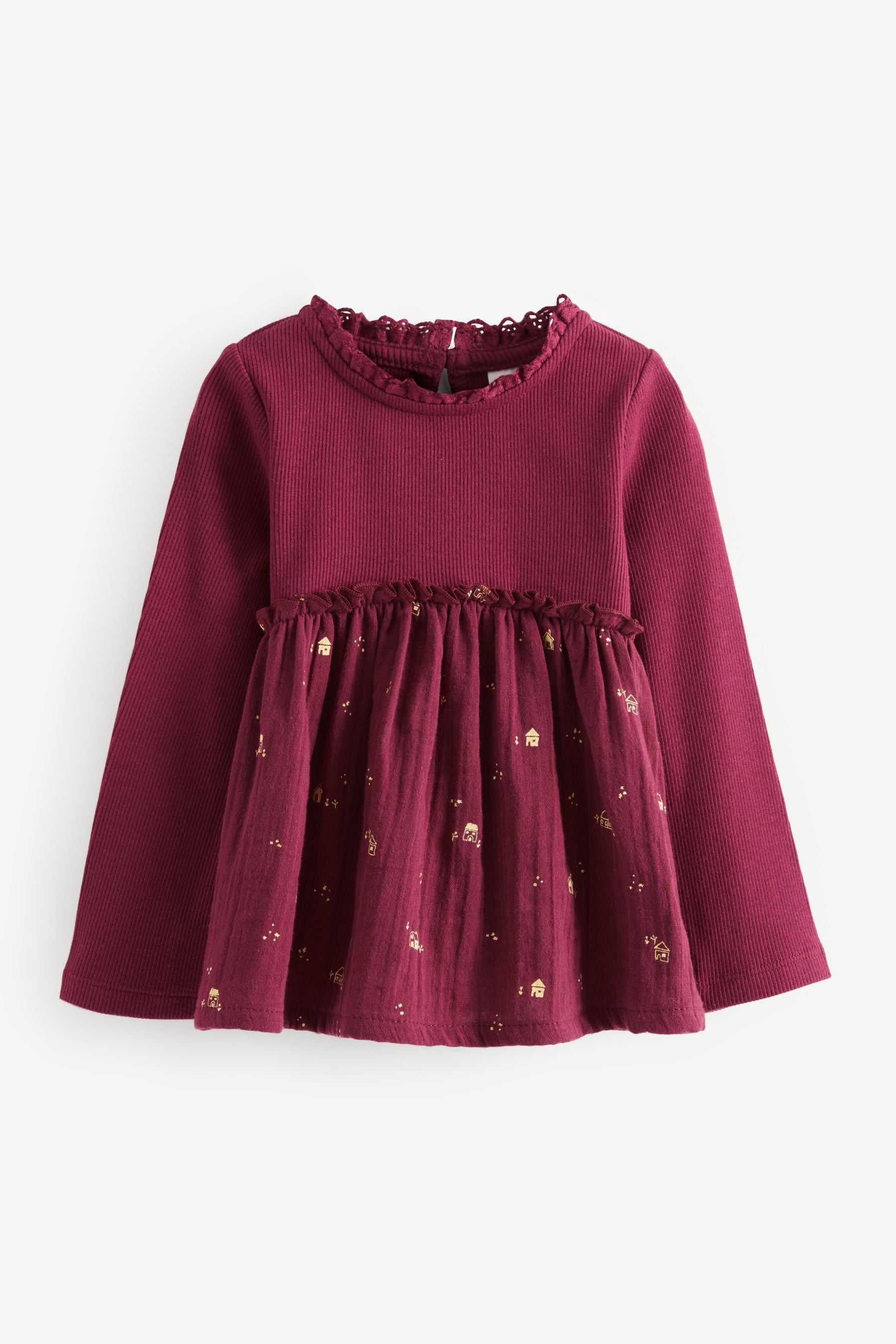 Berry Red House Print Long Sleeve Blouse (3mths-7yrs)