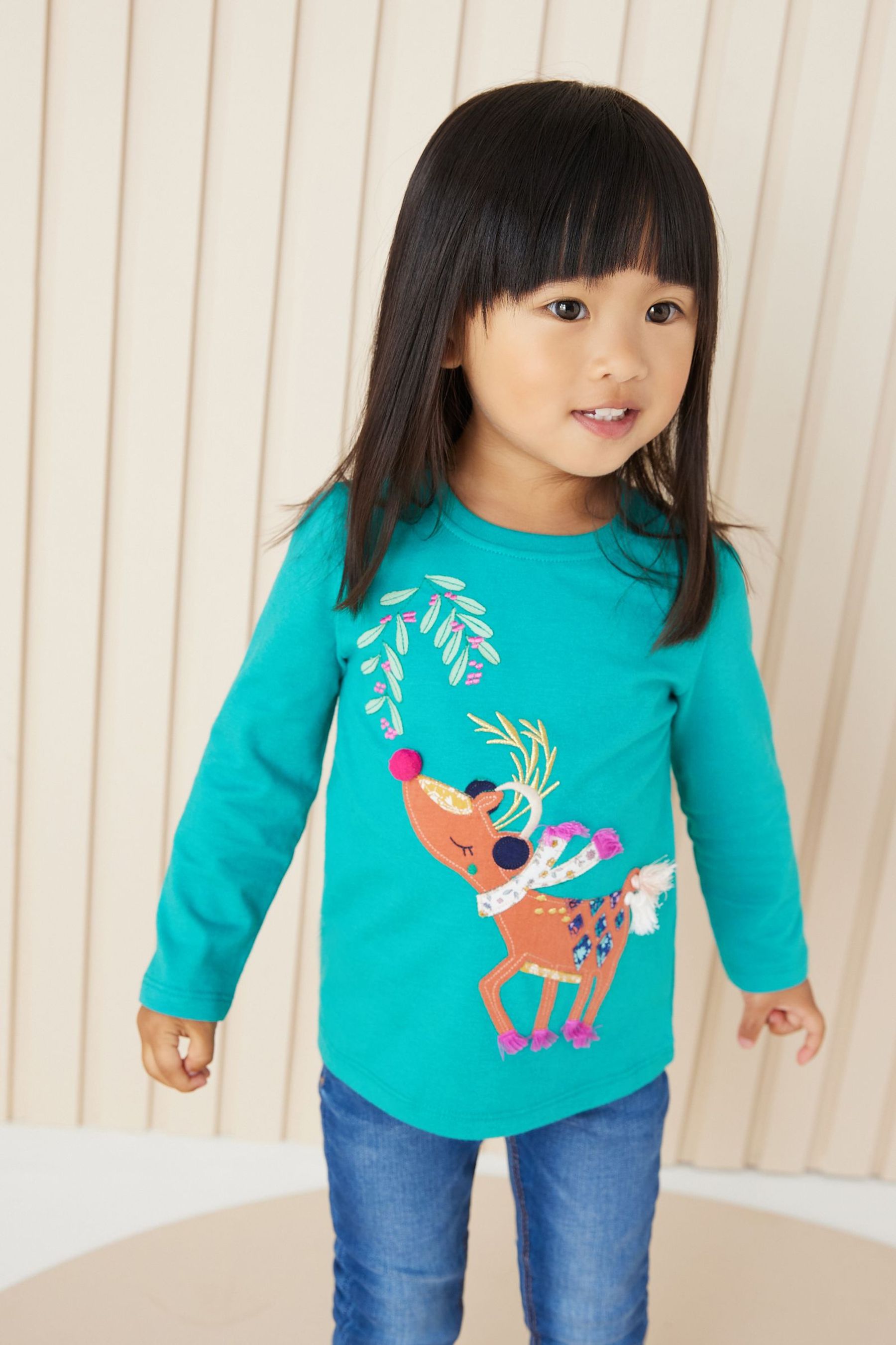 Green Reindeer Long Sleeve Cotton T-Shirt (3mths-7yrs)