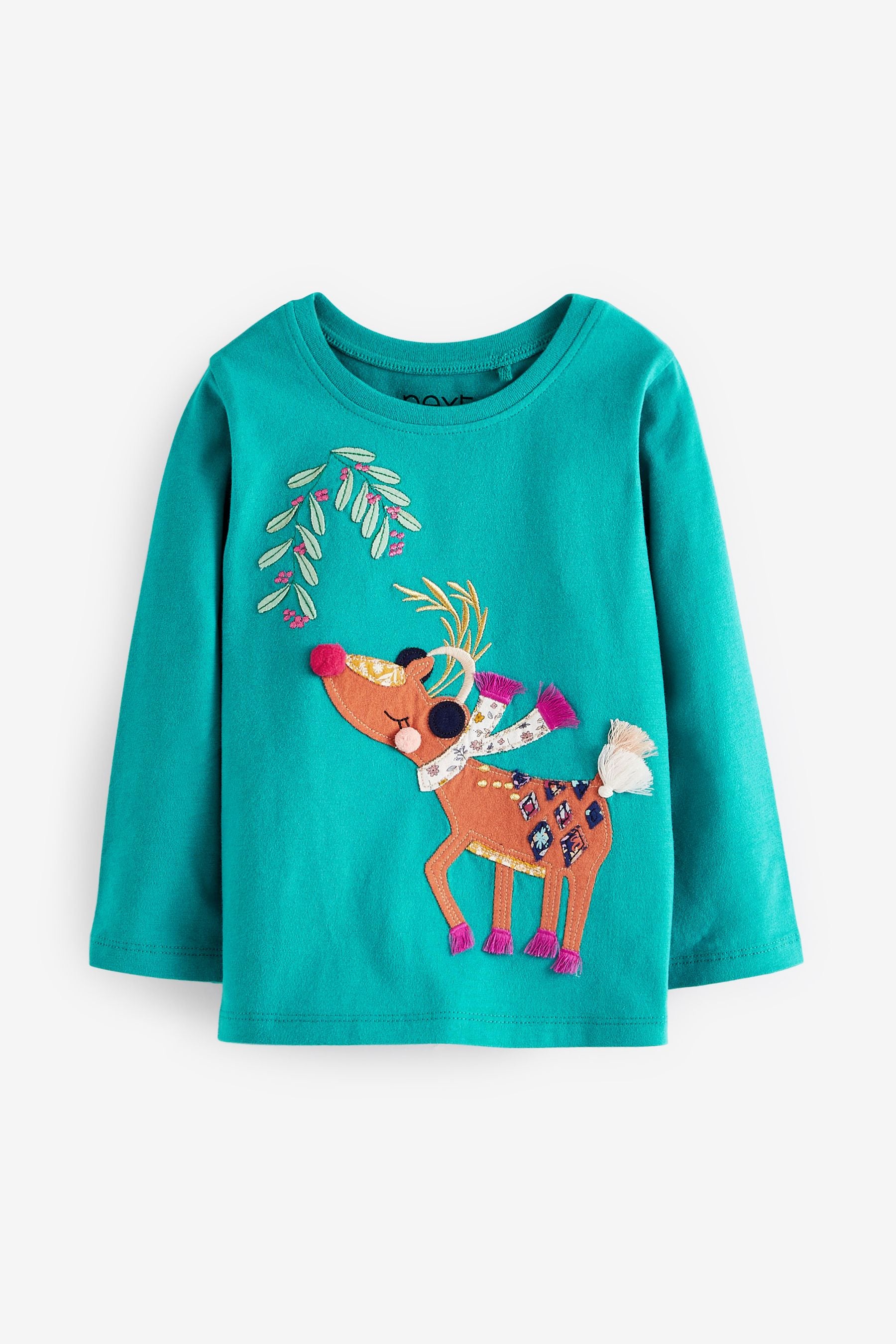 Green Reindeer Long Sleeve Cotton T-Shirt (3mths-7yrs)