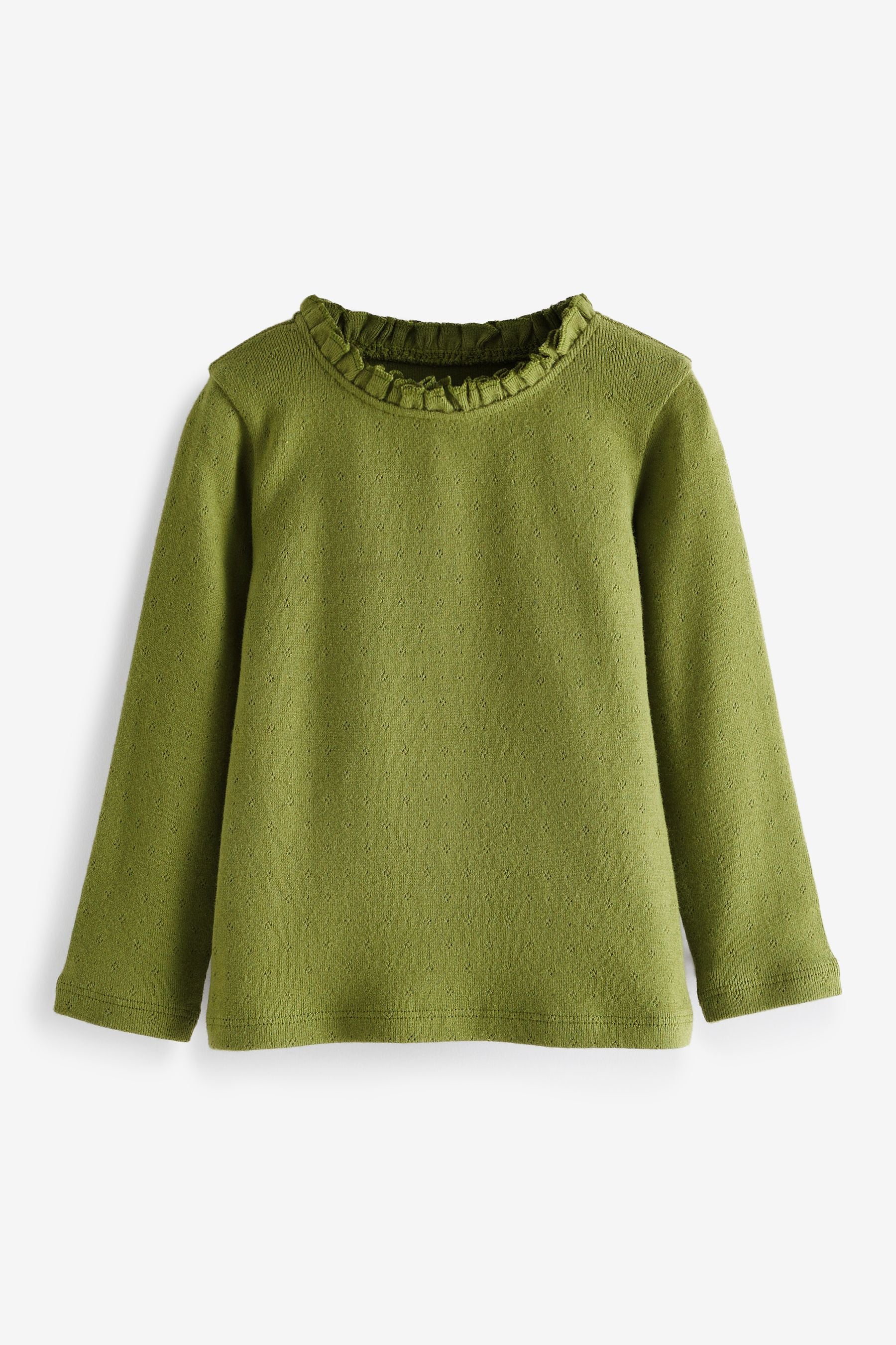 Khaki Green Long Sleeve Pointelle Cotton Top (3mths-7yrs)